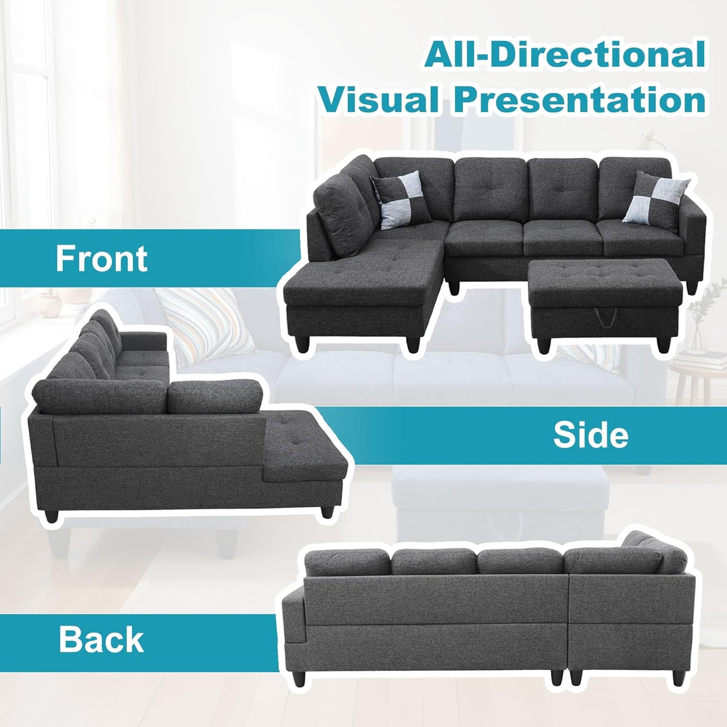 L Shaped Couch Modern Sectional Couch Upholstered Flannel Fabric 3 Pieces Sofas for Living Room with Chaise, Storage Ottoman for Office and Small Apartment, Black Grey