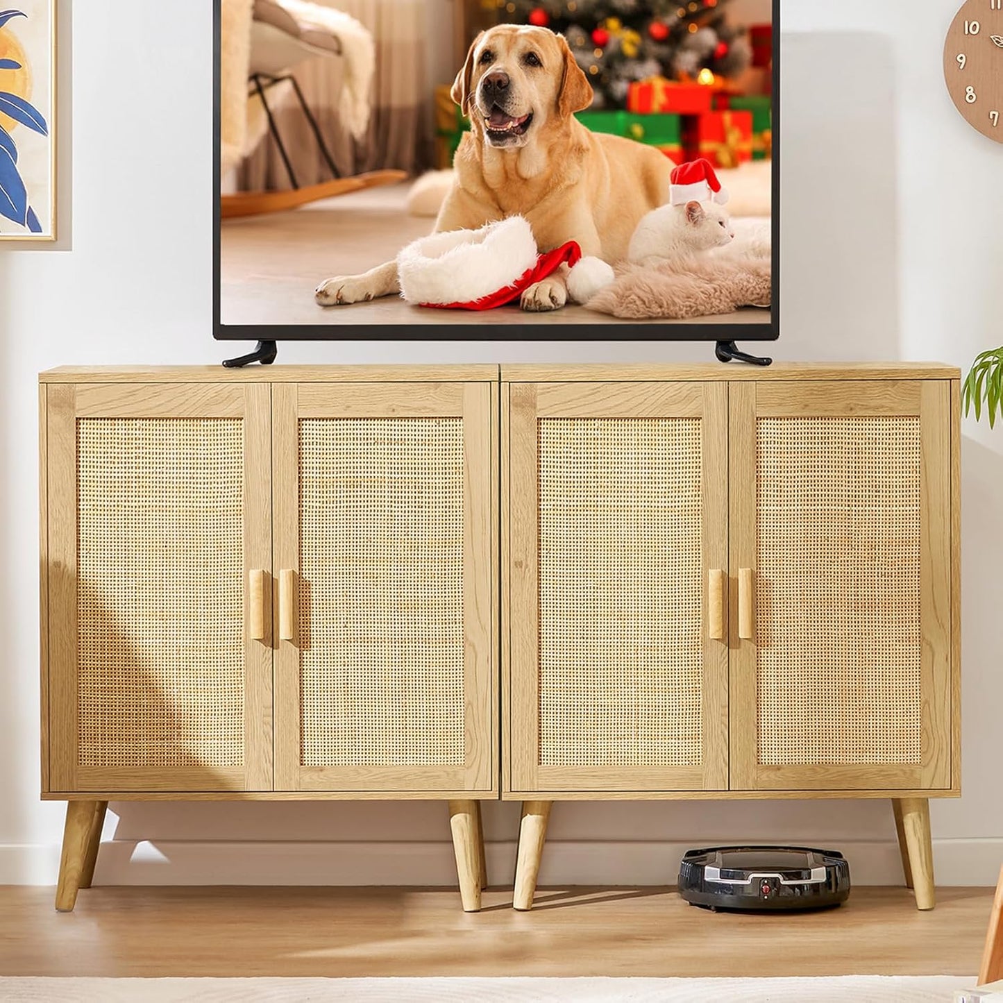 Iwell Storage Cabinet with 2 Shelves, Rattan Cabinet with 2 Doors, Sideboard Buffet Cabinets with Storage for Living Room, Dining Room, Entryway, Natural