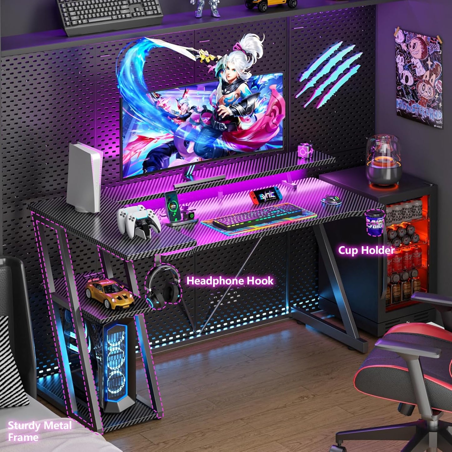 55 Inch Gaming Desk with Power Outlet & LED Lights, L Shaped Gamer Computer Table with Storage Shelves for Bedroom, Corner Home Office Desk, Carbon Fiber Black