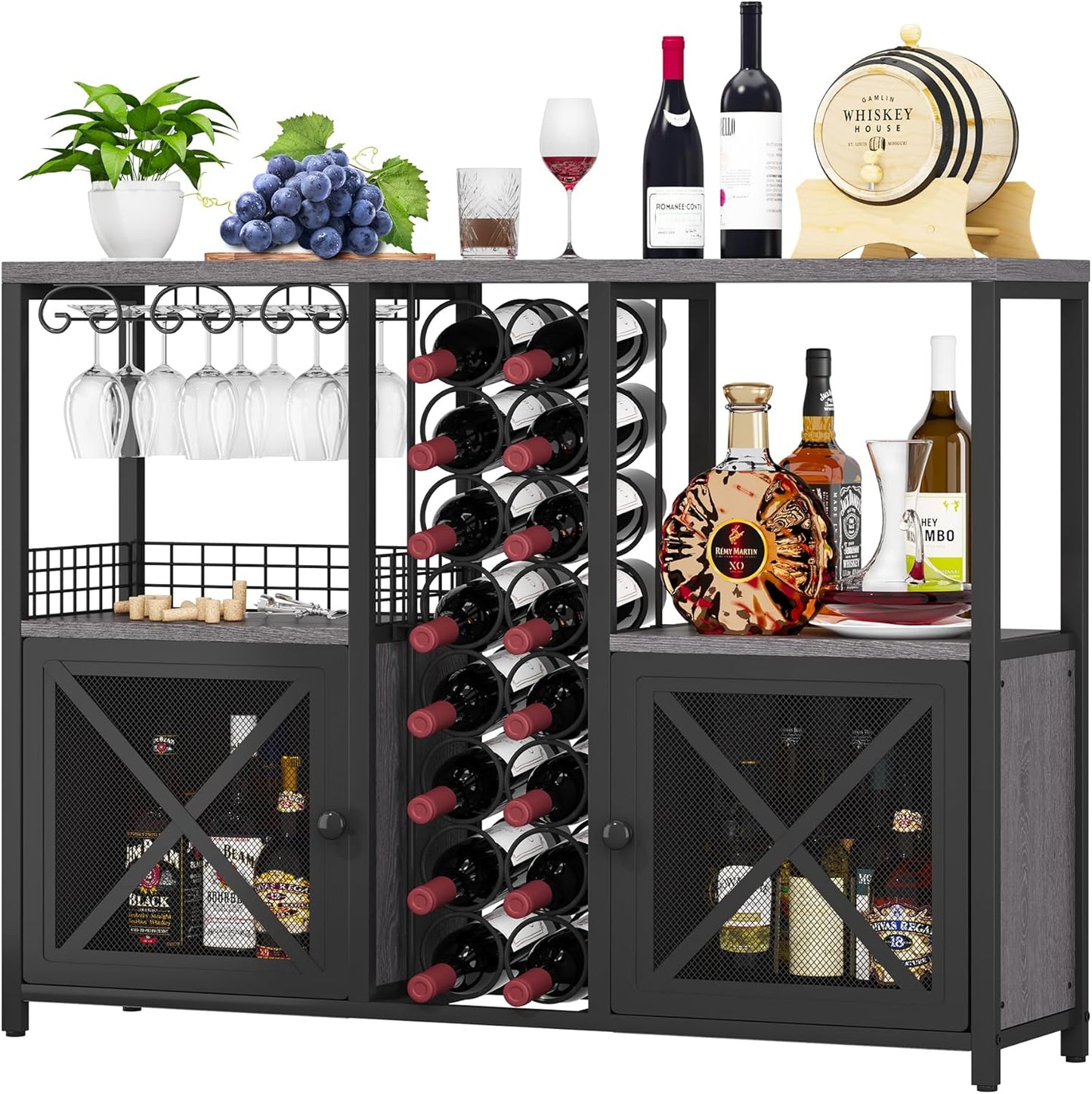 Homeiju Mini Bars for Home, Wooden Coffee Bar Cabinet, Modern Liquor Cabinet for Liquor and Glasses, Farmhouse Buffet Wine Bar Cabinet with Storage Sideboard for Home Kitchen Dining Room (Deep Grey)