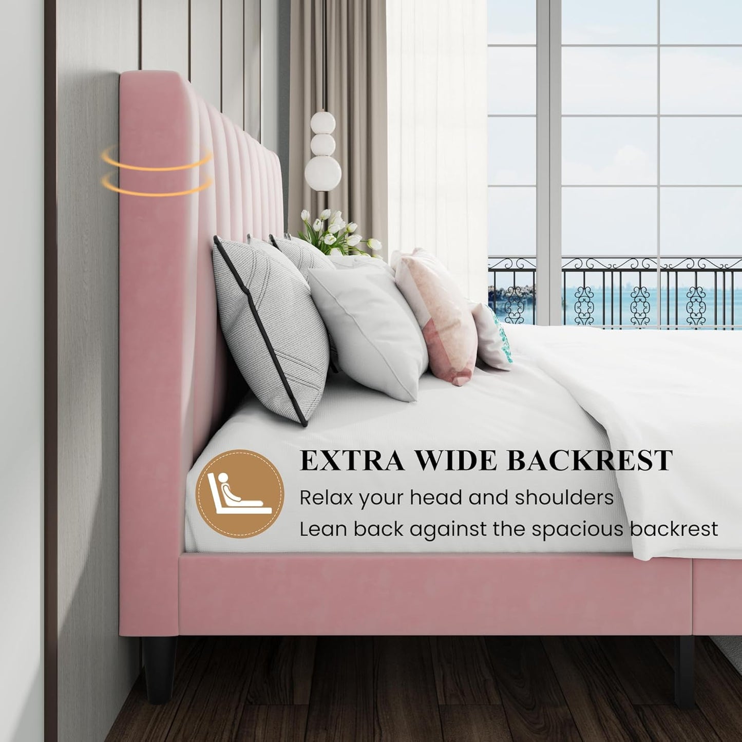 SHA CERLIN King Bed Frame/Velvet Upholstered Platform Bed Frame with Headboard/Strong Wood Slats Support/Mattress Foundation/No Box Spring Needed - Pink