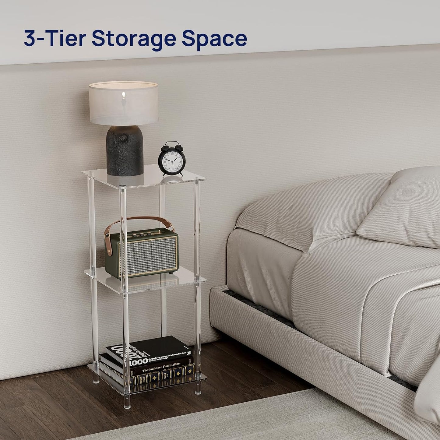 HMYHUM Acrylic Side Table for Small Spaces, 11.8" L x 11.8" W x 28" H, Small Nightstand/Bedside/End Table for Living Room, Bedroom, 3-Tier, Square, Clear