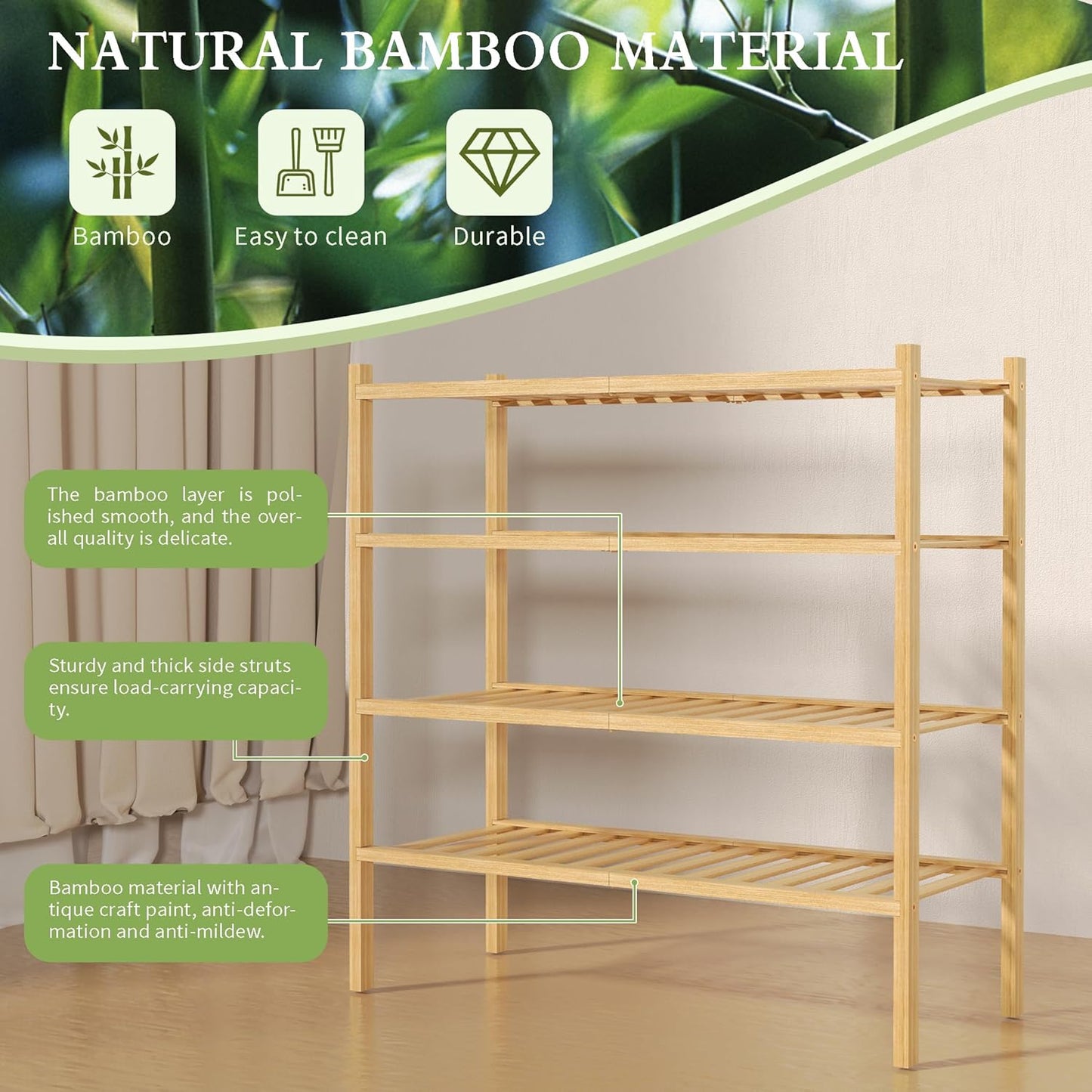 4 Tier Bamboo Shoe Rack for Closet Free Standing Wood Shoe Shelf for Entryway Small Space Stackable 27"x11"x26" (Natural)