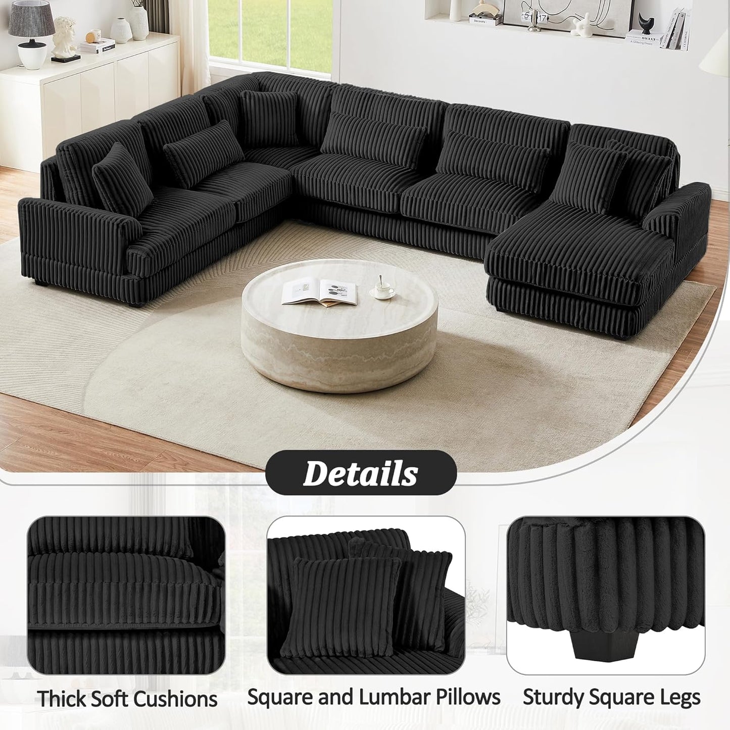 129" Oversized U Shaped Modular Sectional Sofa Couch for Living Room 7 Seater Plush Corduroy Upholstered Large Sofa Deep Seat Cloud Couch with Extra Wide Chaise Lounge and Detachable Thick Cushions