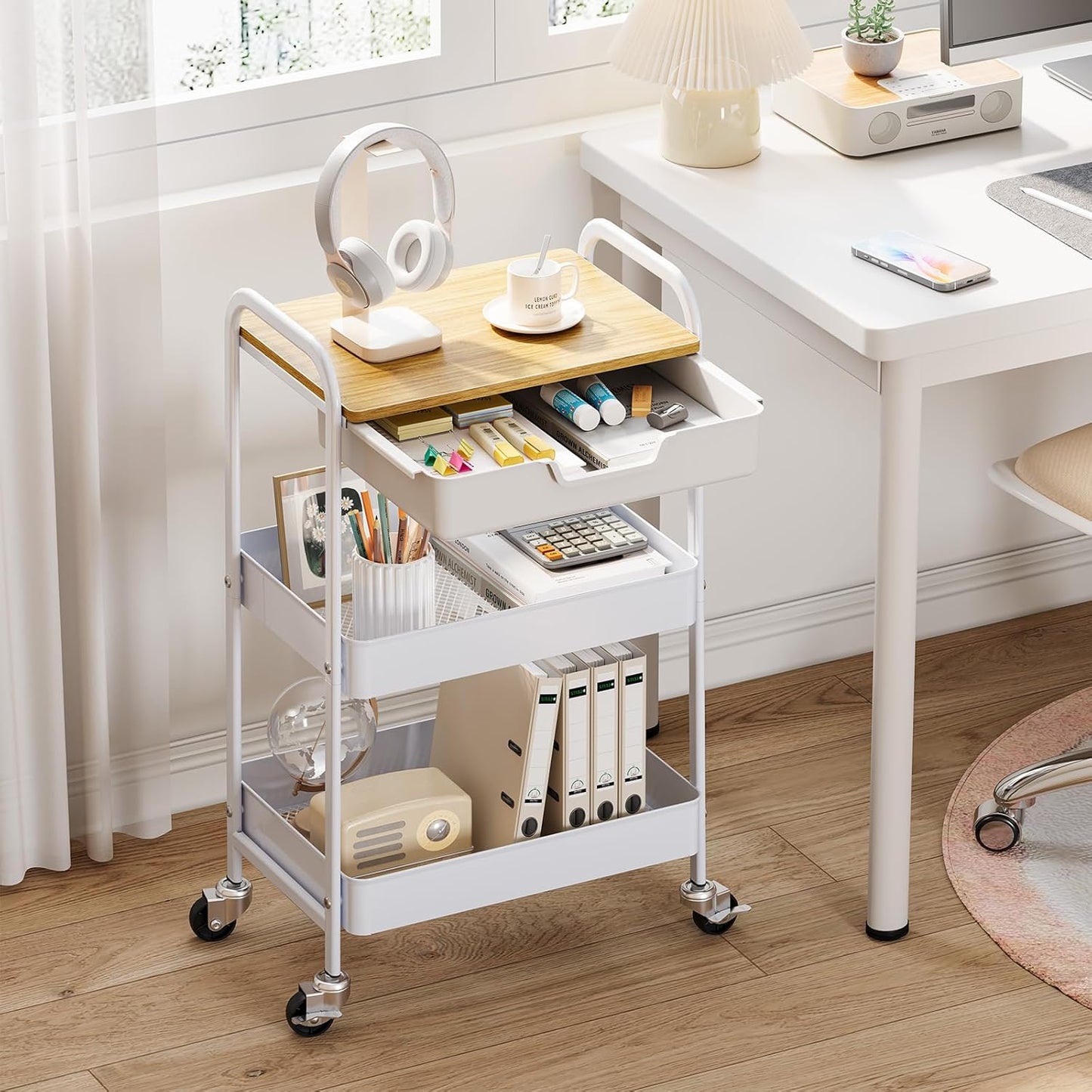 TOOLF 3-Tier Metal Utility Rolling Cart with Drawer and Wooden Table Top, Storage Cart White Trolley Kitchen Organizer Rolling Desk with Locking Wheels for Office, Classroom, Home, Bedroom