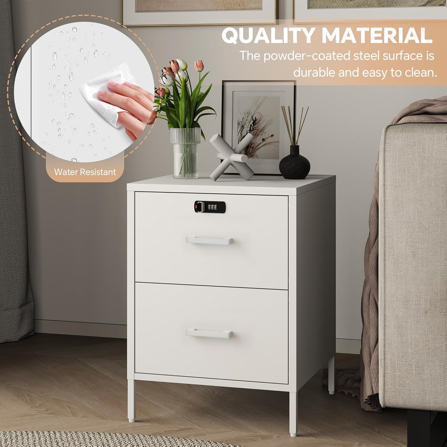 Nightstand,2 Drawer Metal Locker End Table Lockable Bedside Table Storage Cabinet for Bedroom, Dorm, 21.26”H X 15.75”W X 15.75”D (2 Drawer, White)