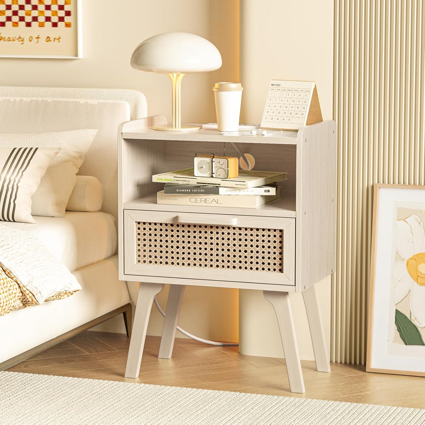 Lerliuo Rattan Nightstand with Charging Station, Side Table with Drawer Open Shelf, Cane Accent Bedside End Table with Solid Wood Legs, Night Stand for Bedroom, Dorm and Small Spaces (Grey White)