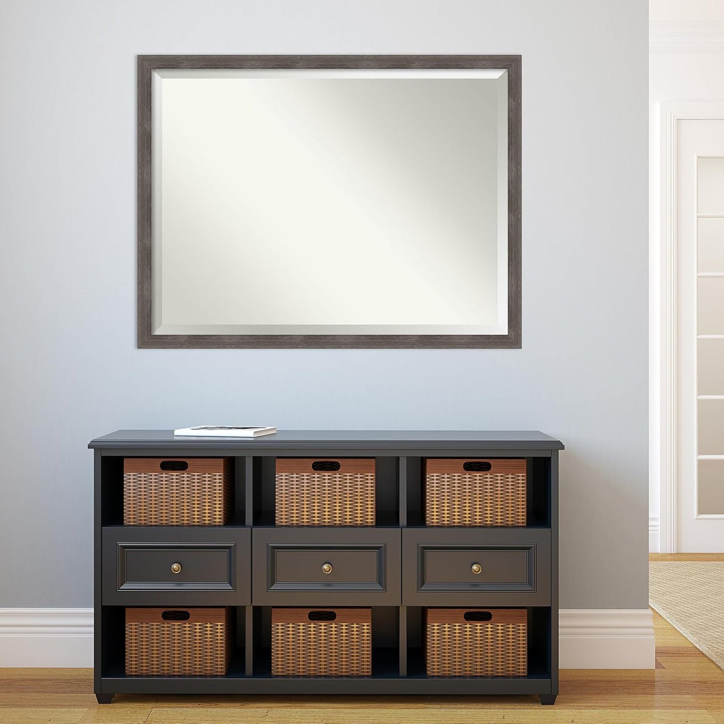 Amanti Art Grey Wall Mirror 33x43 Pinstripe Lead Grey Rectangle Bathroom Mirror for Wall Decor Living Room, X-Large Modern Wood Frame, Hangs Horizonally and Vertically, Bathroom Decor, Beveled Edge