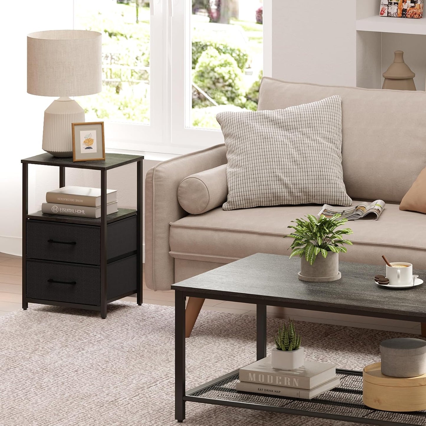 TUTOTAK End Table, Night Stand, Side Table, Nightstand with Cloth Drawer, Bedside Table for Livingroom, Bed Room, Charcoal Grey TB01BY087