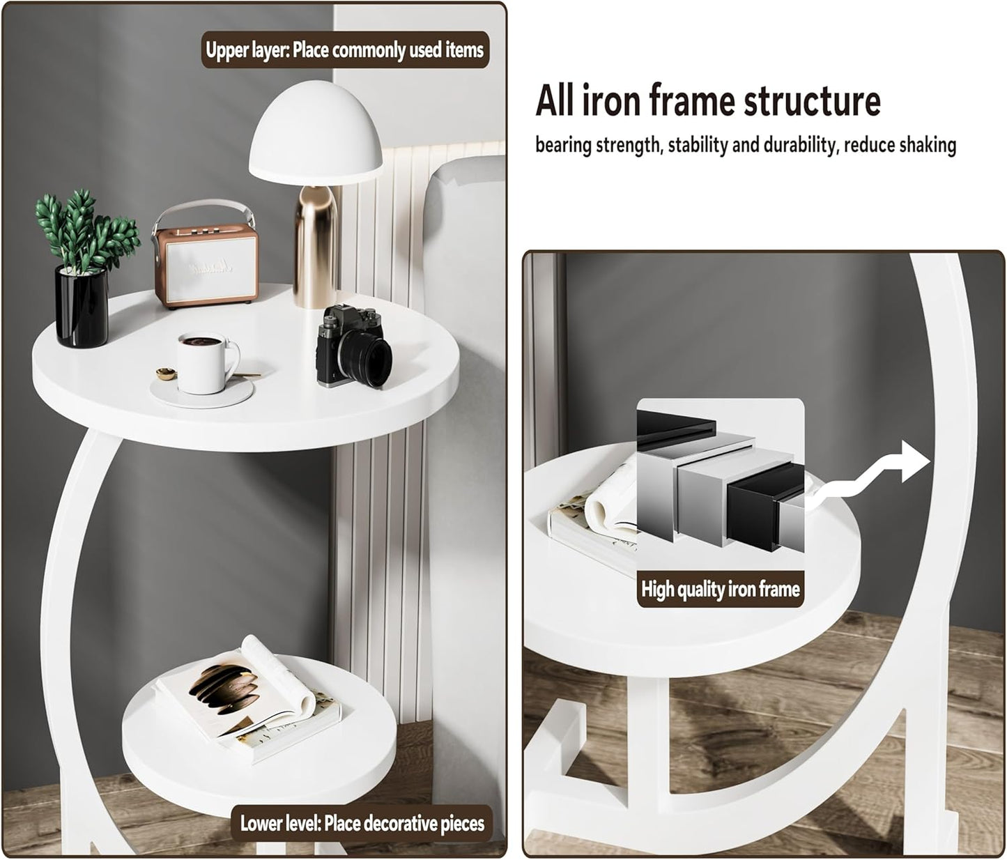 C-Shaped End Table,2 Tiers Round Side Table,Sofa Small Side Table for Living Room, Bedroom,Bedside Small Space,White