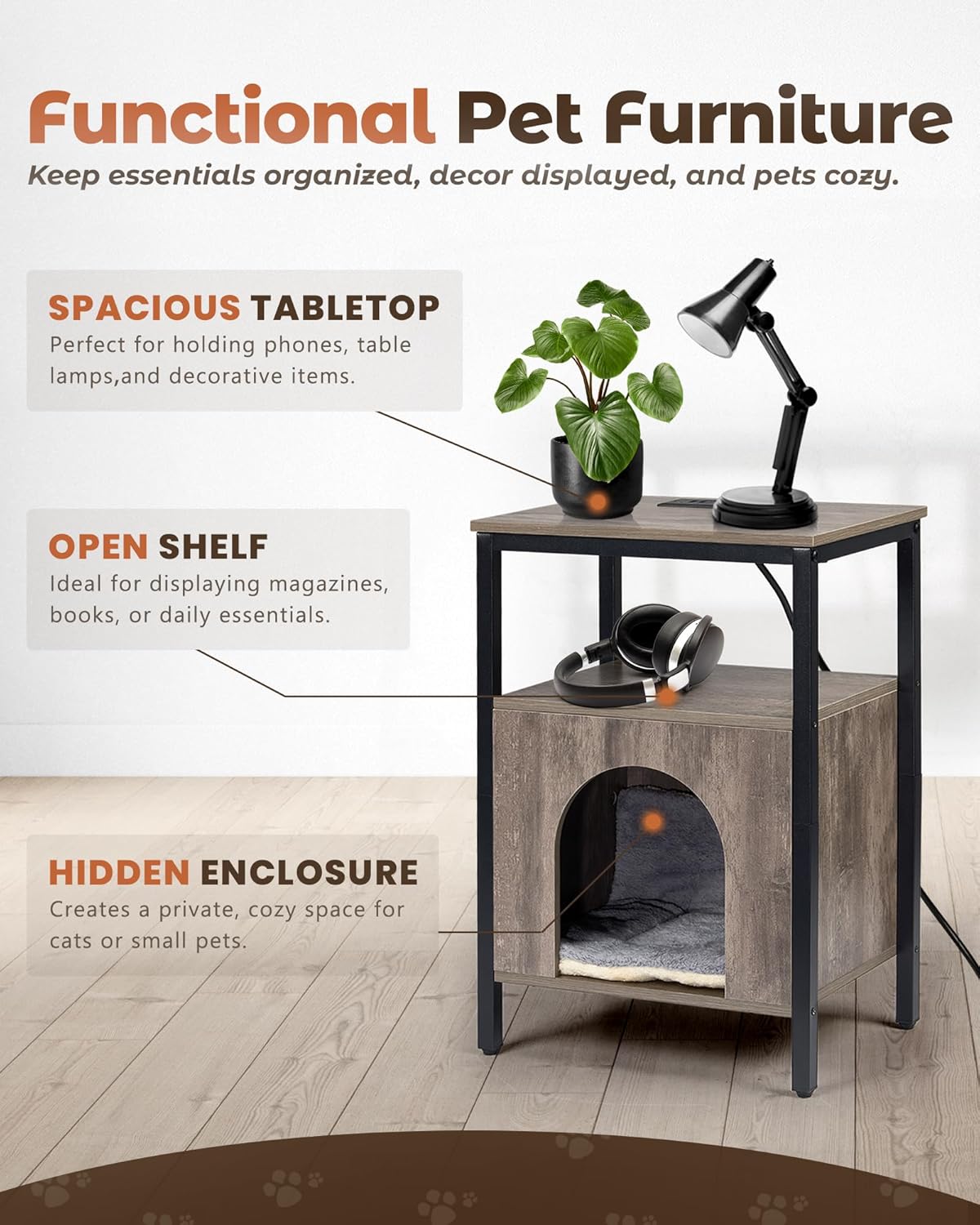 Cat End Table with Charging Station, Indoor Cat House Side Table with Bed, Cat Cave Hideaway Night Stand, Greige