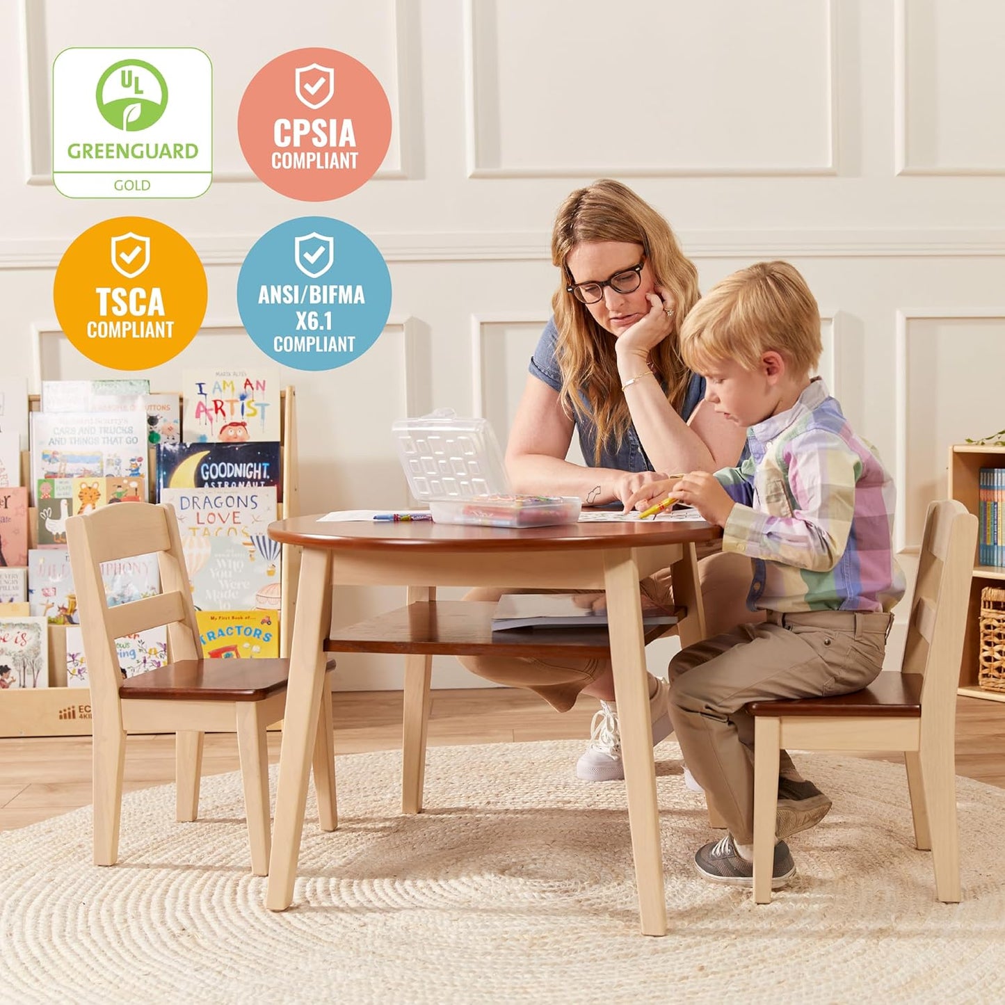 ECR4Kids Hideaway Table and Chair Set, Kids Furniture, Dark Walnut/Antique White, 3-Piece