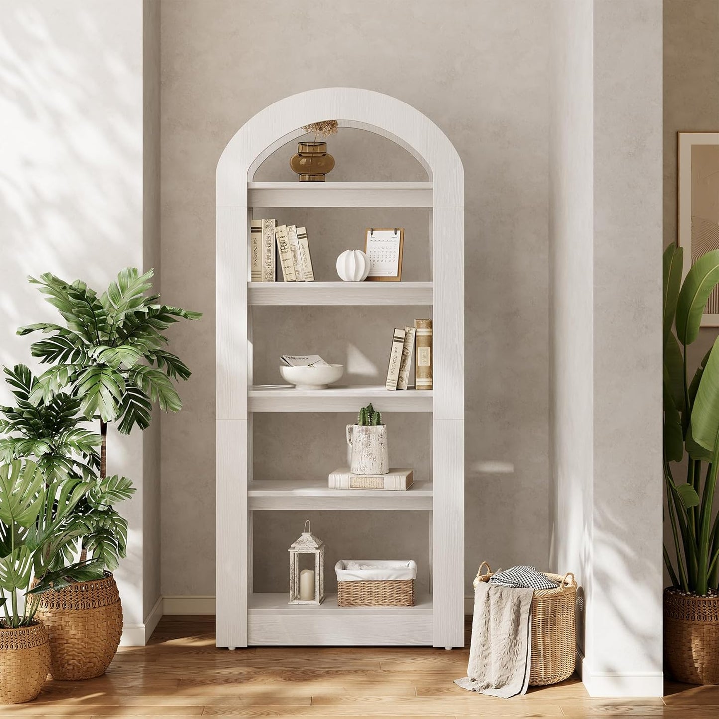 LITTLE TREE 5-Tier Bookshelf, Arch-Shaped Racks, Tall Standing Wooden Bookcase Display Shelf Modern Storage Solution (2, White)