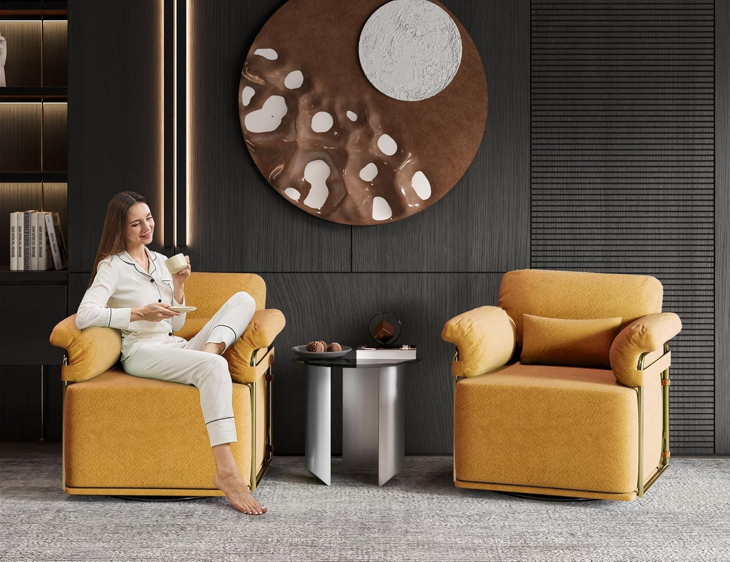 KEIKI Modern Comfy Swivel Accent Reading Chair with Waist Pillows, 360°Square Upholstered Barrel Armchair Single Club Lounge Sofa Chairs for Living Room,Bedroom,Office,Orange