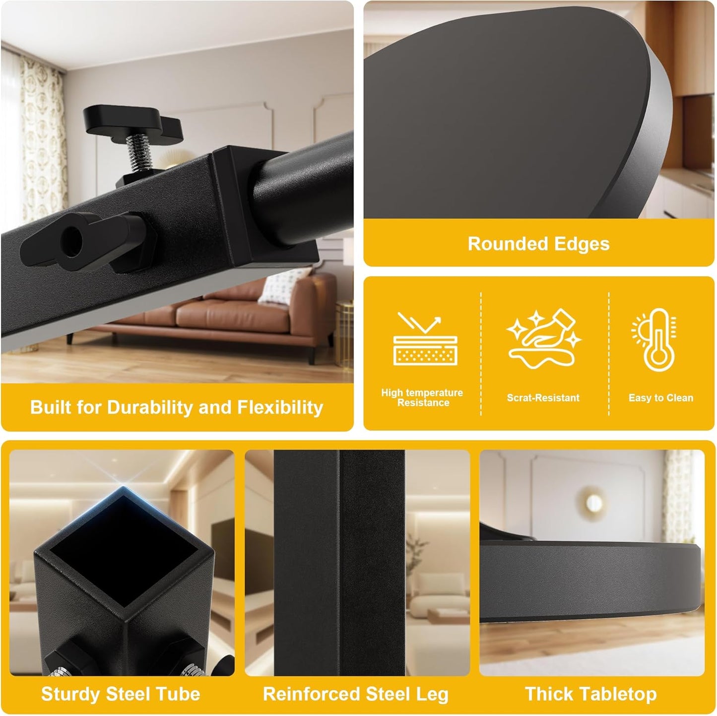 C Shaped End Side Table with Anti-Drop Rod, Adjustable Height & 360° Swivel Snack Table for Couch, Sofa, Bedroom, Living Room, TV Tray Table for Eating, Dinner or Laptop, Small Spaces, Black