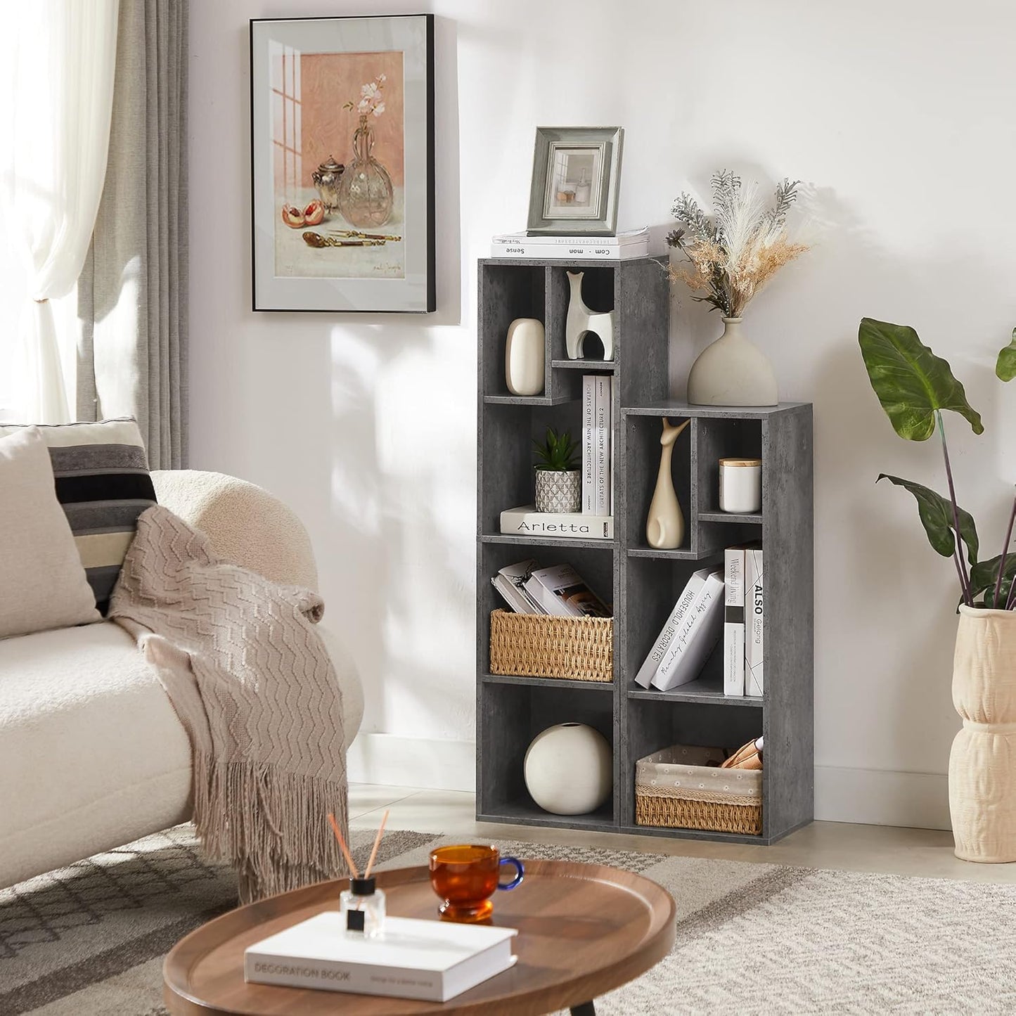 VECELO 4-Tier Bookcase, Modern Storage Cabinet with Height Difference Shelves for Standard Textbooks, 5 Cubes, Vertical or Horizontal, Easy Assembly, Grey