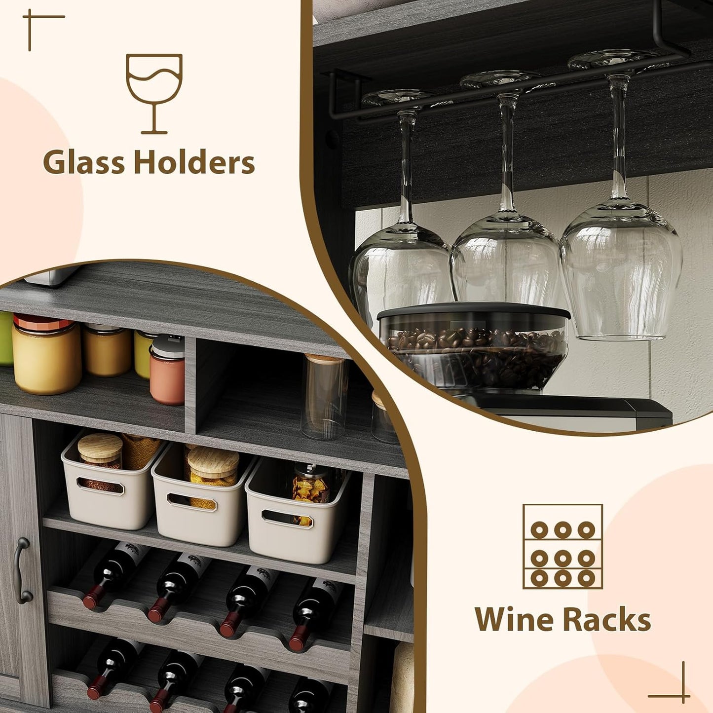 47" Farmhouse Buffet Sideboard Cabinet with Power Outlets Coffee Bar Cabinet with Storage, Large Buffet Storage Cabinet Table with Wine Racks, Goblet Holder, Hooks for Kitchen, Dining Room, Grey