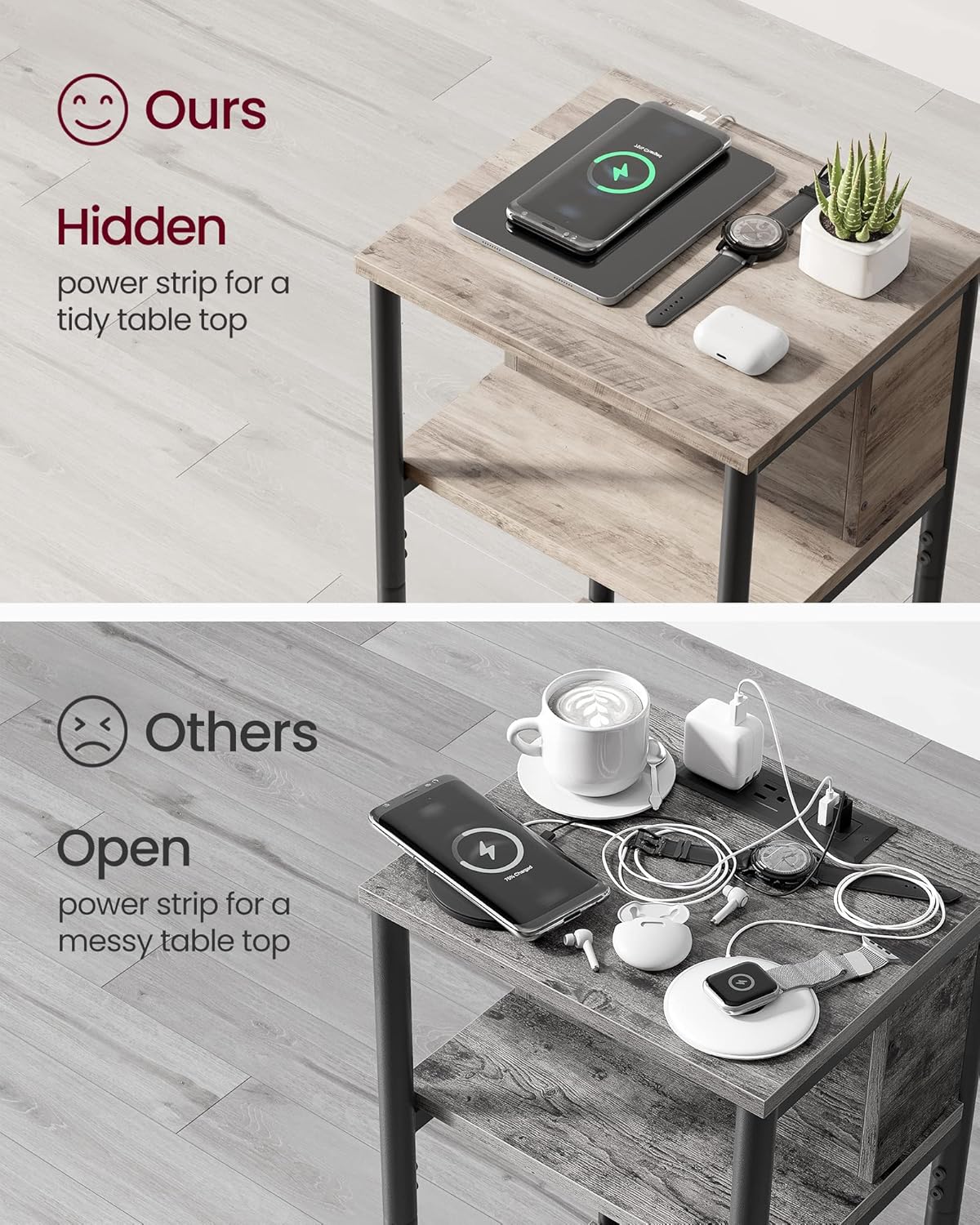 VASAGLE Side Table with Charging Station, 3-Tier End Table with USB Ports and Outlets, Nightstand for Living Room, Bedroom, 11.8 x 13.4 x 22.8 Inches, Plug-in Series, Greige and Black