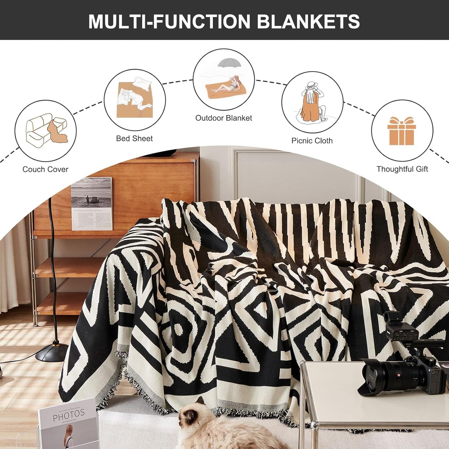 STACYPIK Boho Triangle Couch Cover for Dogs Non-Slip Sofa Cover for 3 Cushion Couch Sofa Beige Black Sectional Couch Cover Pet Furniture Protector Covers Reversible Anti Slip Loveseat Cover-91X134IN
