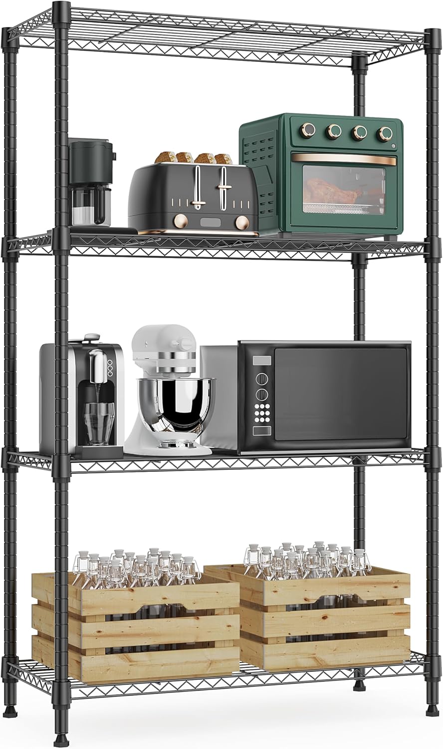 1000 lbs 4Tier Shelf Metal Storage Shelves Wire Rack Closet Organizers with Wheel for Garage Kitchen Bathroom Laundry Black 13.7" D x 23.6" W x 53.4" H