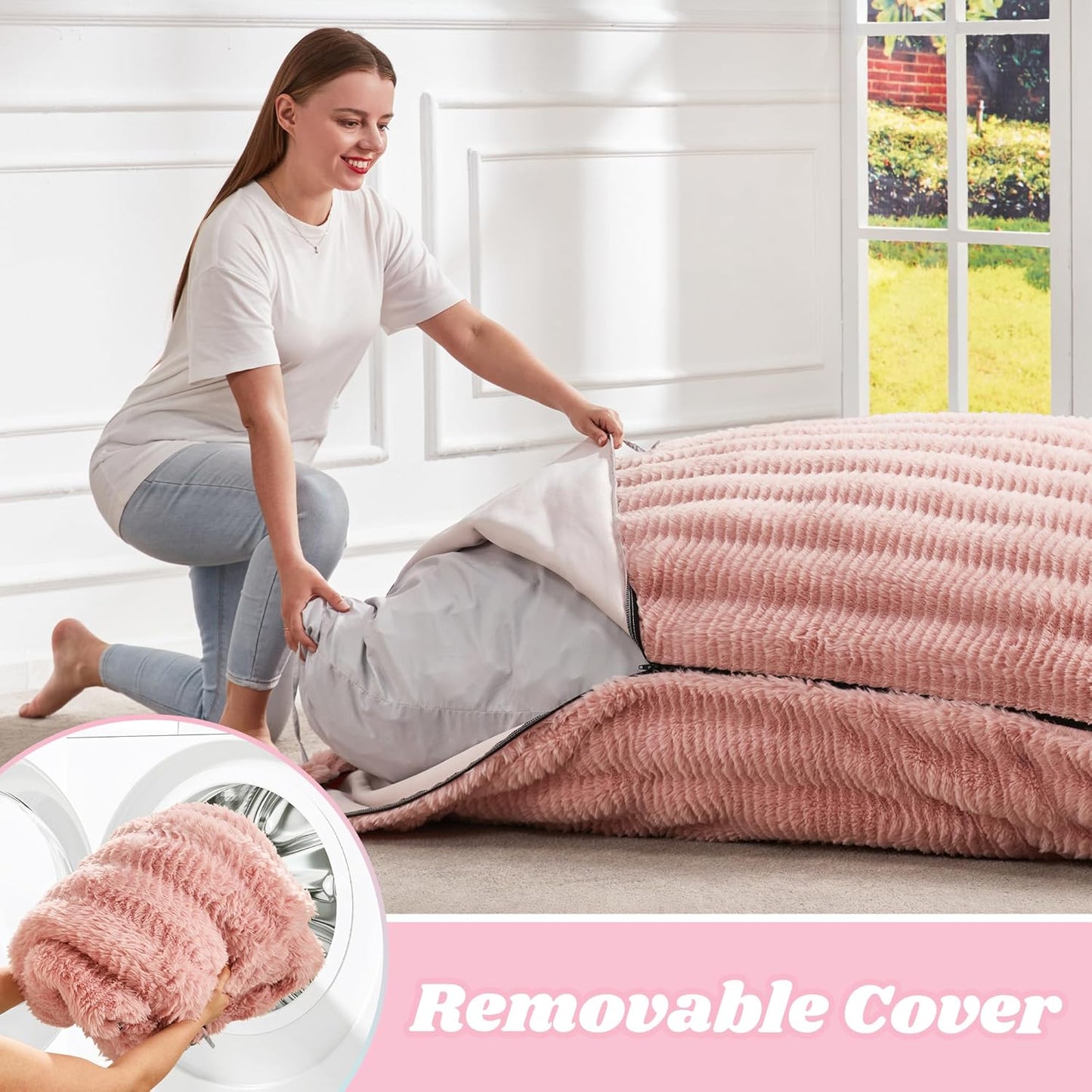 Hobestluk 3 in 1 Bean Bag Chair Giant Bean Bag Chairs for Adults with Ripple Cover Convertible Bean Bag Floor Cushion with Machine Washable Cover for Living Room (Ripple Pink)