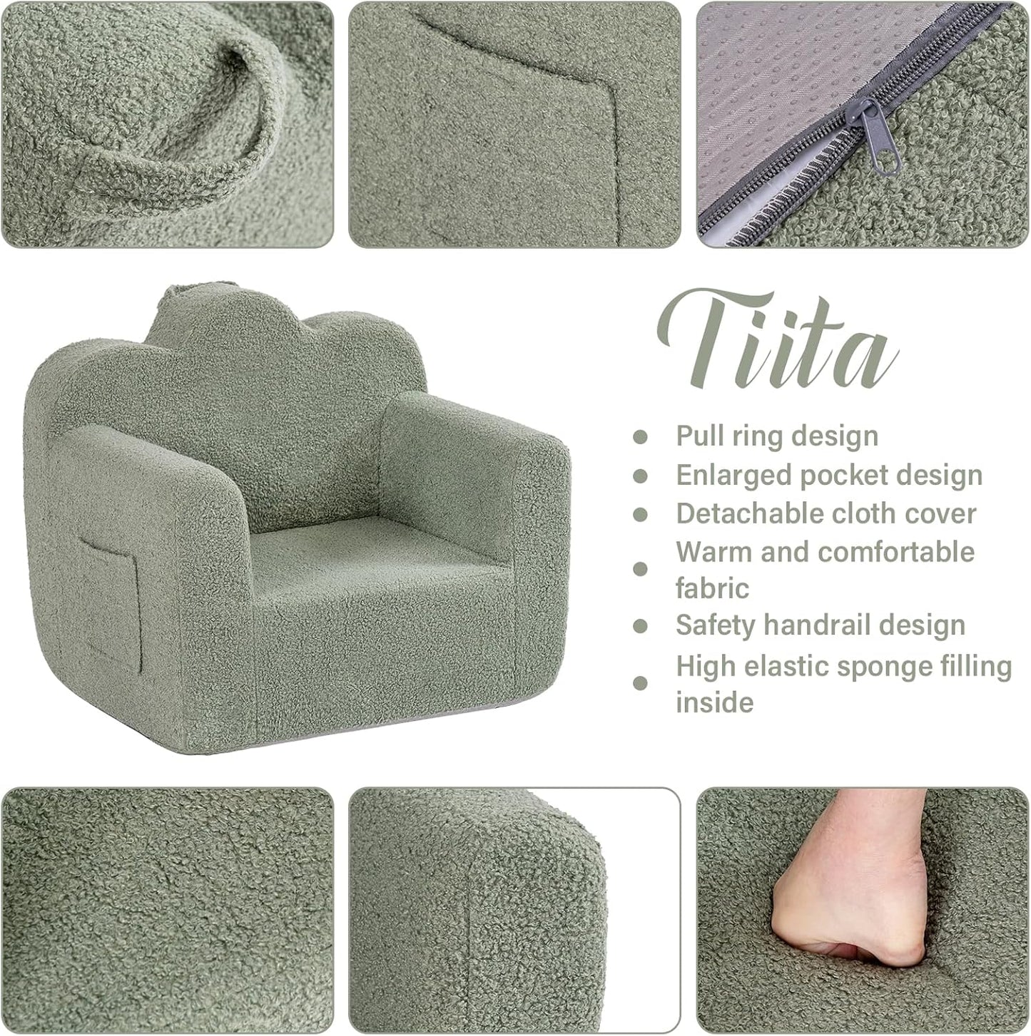 Tiita Kids Couch Plush Toddler Chair, Cloud-Like Glow in The Dark Kids Sofa Toddler Reading Chair with Washable Cover Carrying Handle, Convertible Children Sofa Chair for Girls and Boys