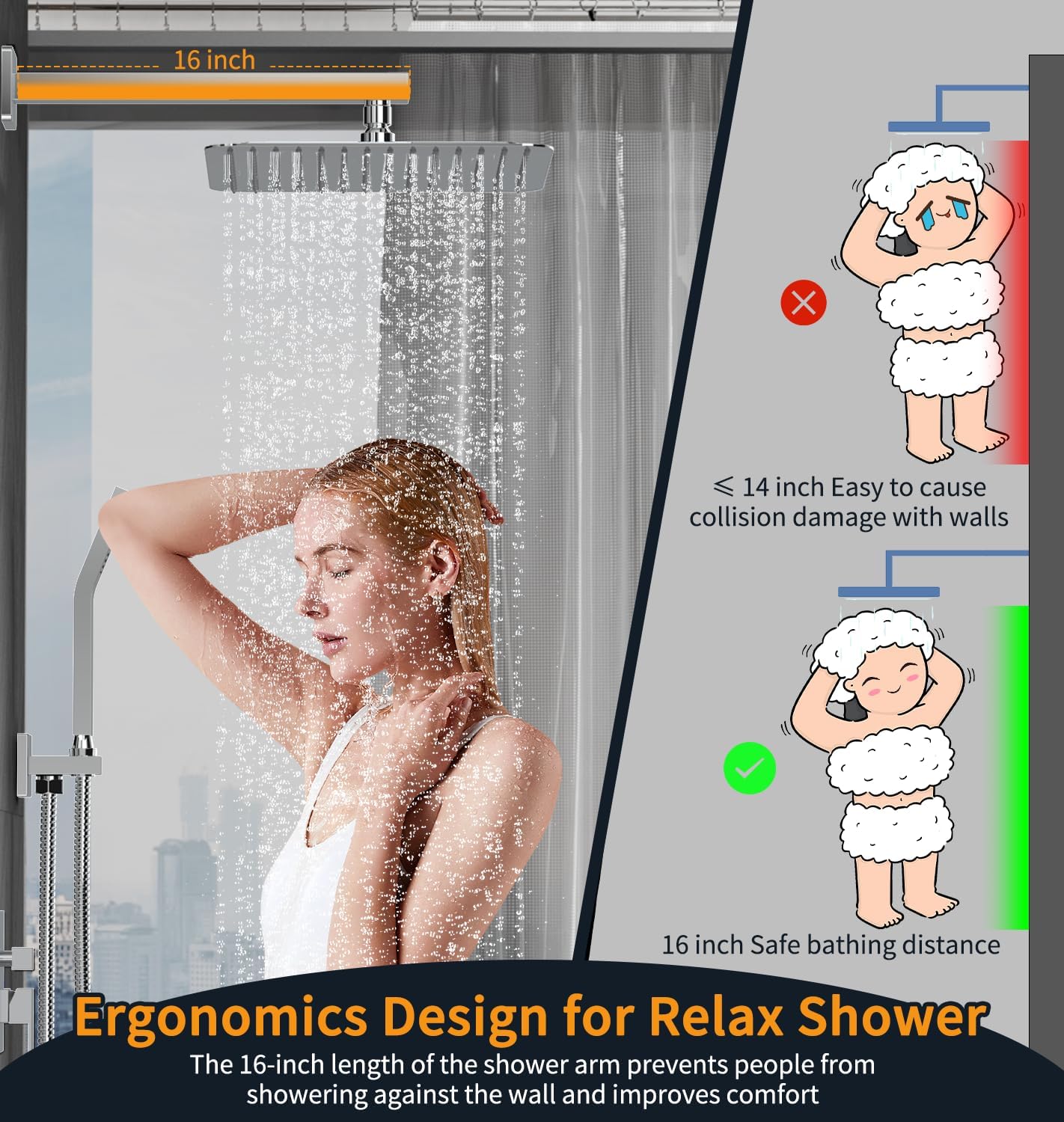 SR SUN RISE SRSH-D1203 12 Inches Bathroom Luxury Rain Mixer Shower Combo Set Wall Mounted Rainfall Shower Head System Polished Chrome Shower Faucet Rough-in Valve Body and Trim Included