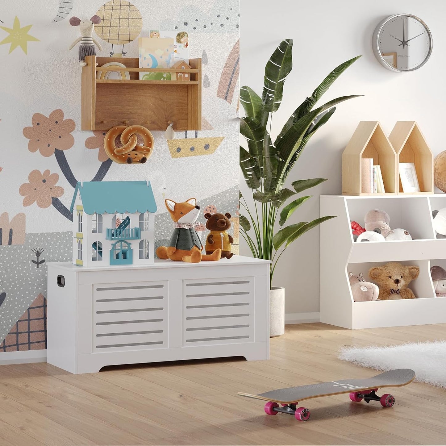 DINZI LVJ Storage Chest, 43.3” Wooden Toy Box with 2 Safety Hinges, Retro Entryway Shoe Storage Bench with Flip-Top, Sturdy Large Storage Trunk for Living Room, Bedroom, Easy Assembly, White