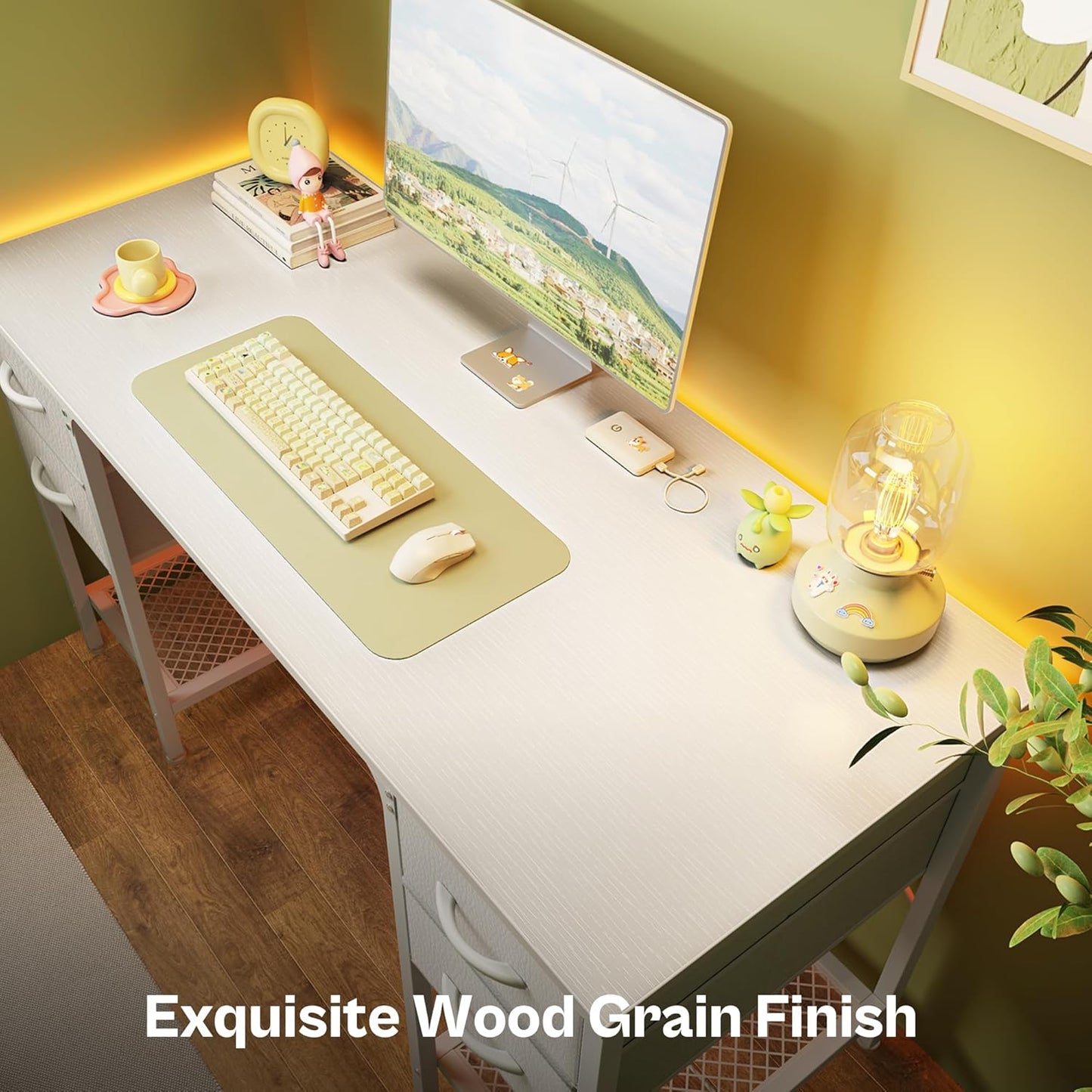 Huuger 47 Inch White Desk with 4 Drawers, Vanity Desk with Mesh Shelf, Study Table with Large Storage, Computer Desk for Home Office, Bedroom, Work from Home