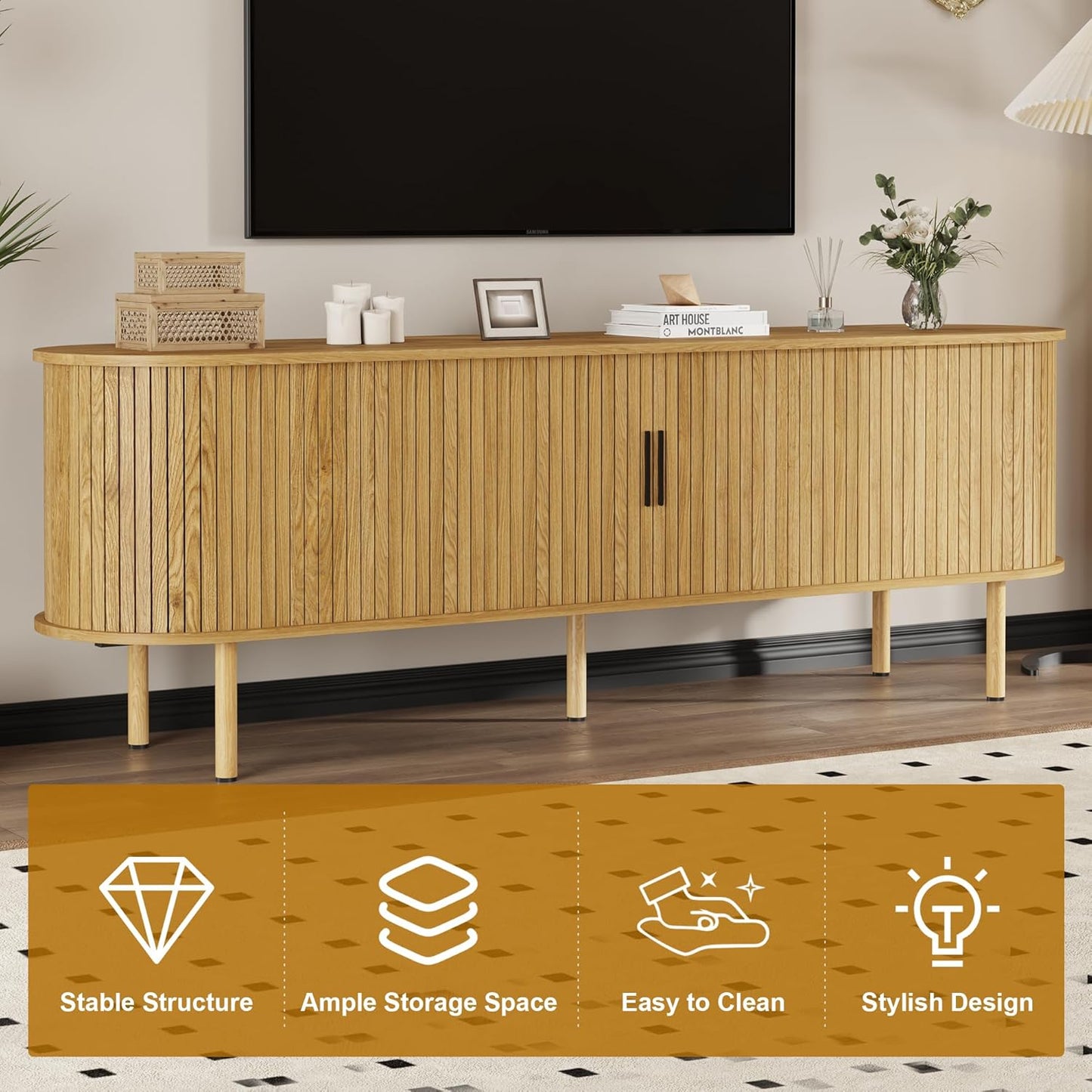 70.1" TV Stand, Modern TV Console Table with Storage Compartment and Sliding Door, Gaming Entertainment Center with Cabinet for Living Room, Bedroom, Office, Oak