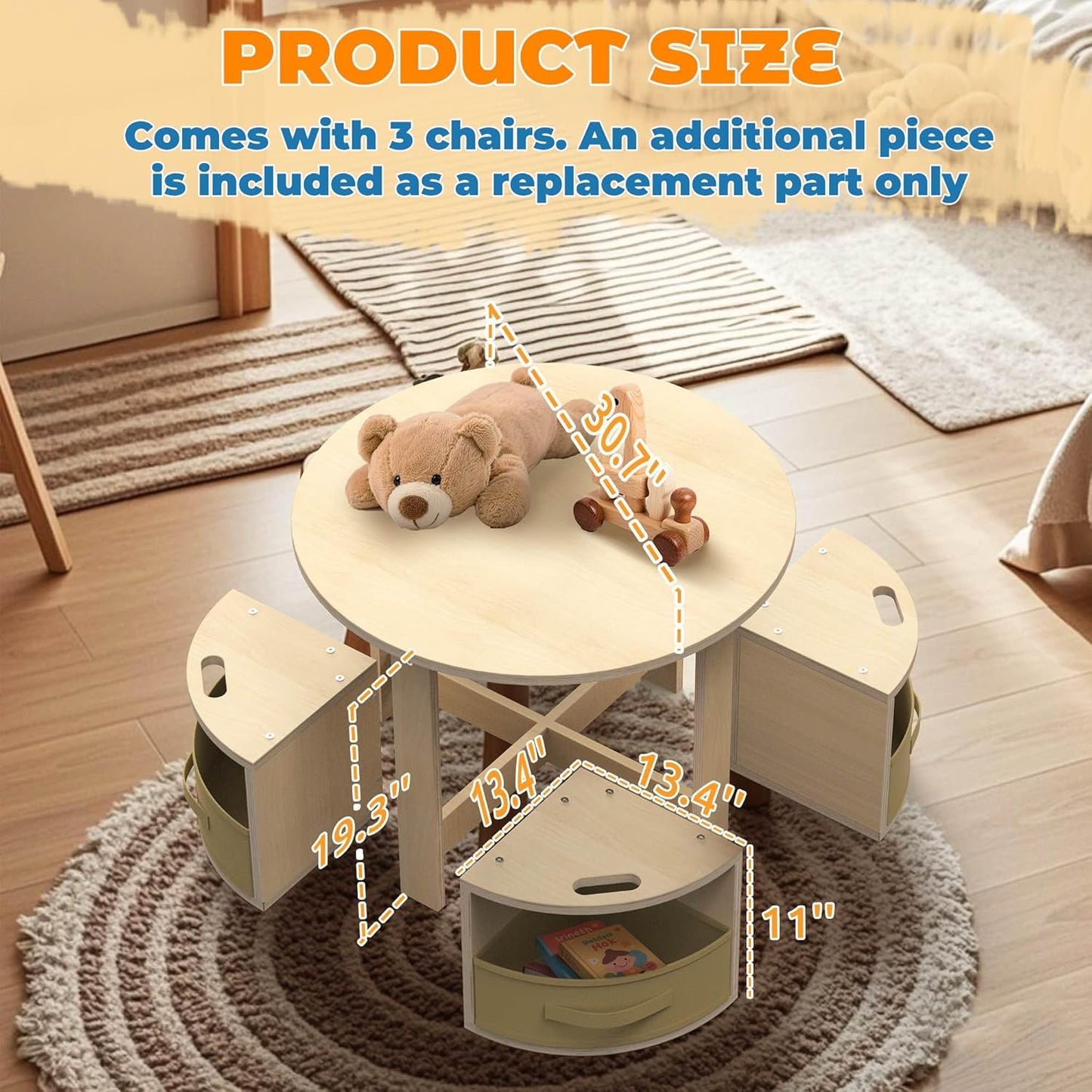 Toddler Table and Chair Set with 3 Storage Stools, Round Shaped Nesting Design, Kids Activity Table for Play/Art/Reading/Craft, Natural