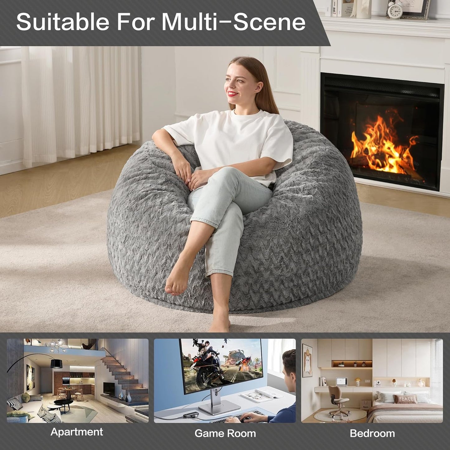 Hobestluk 3ft Bean Bag Chairs for Adults Large Beanbag Chair with Chevron Plush Fur Cover Big Bean Bag Chair for Living Room Bedroom Dorm Office - Grey (36” x 36” x 22”)