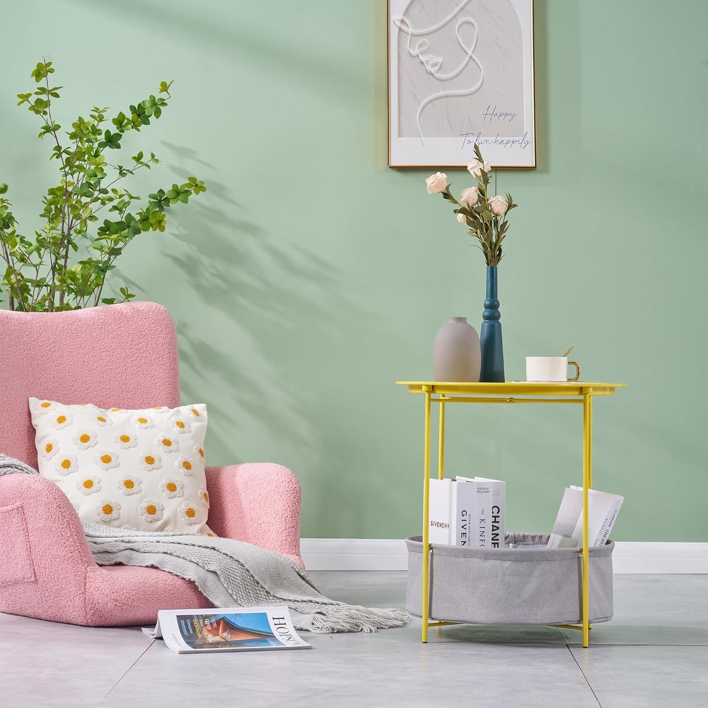 VECELO Round Side/End Table with Fabric Storage Basket,Metal Anti-Rust and Waterproof Small Bedside Nightstand with Removable Tray Top for Living Room,Balcony & Laundry,Yellow /2pcs with Basket