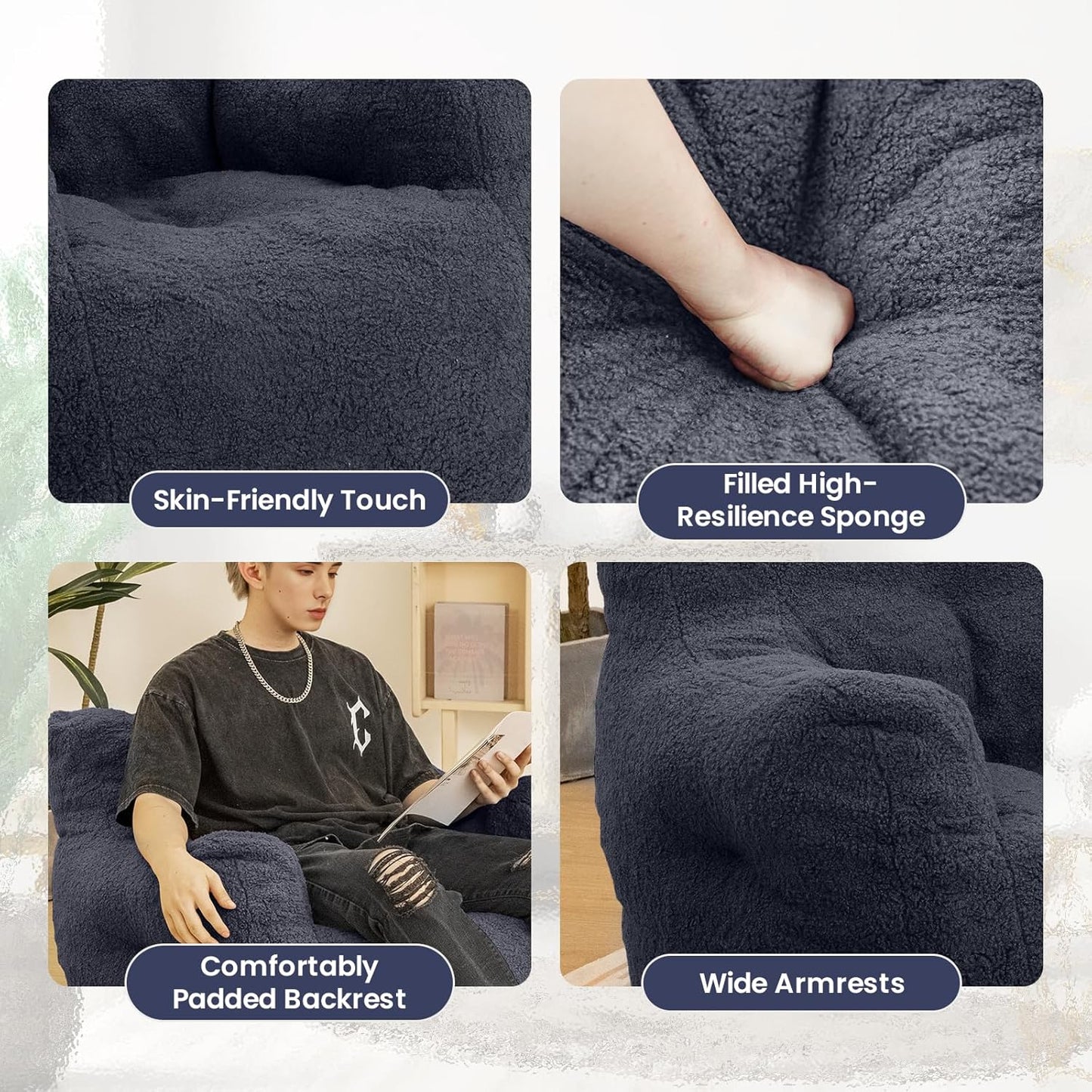 Bean Bag Chair with Filler, Bean Bag Sofa with Tufted Soft Stuffed Filling, Fluffy and Lazy Sofa, Comfy Cozy BeanBag Chairs with Memory Foam for Dorm, Apartment, Living Room (Blue)