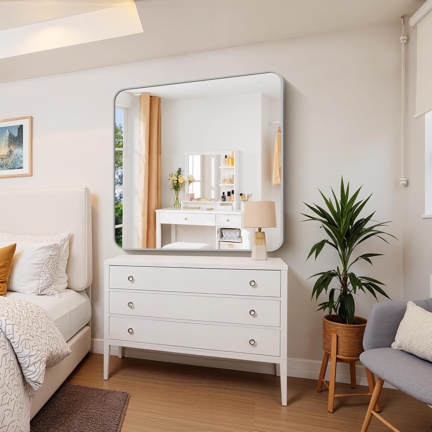 FORBATH 42x42 Inch Silver Bathroom Mirror for Over Sink, Large Square Wall Mirror with Metal Frame, Rounded Corners for Bathroom, Bedroom, Entryway Decor (Horizontal or Vertical)