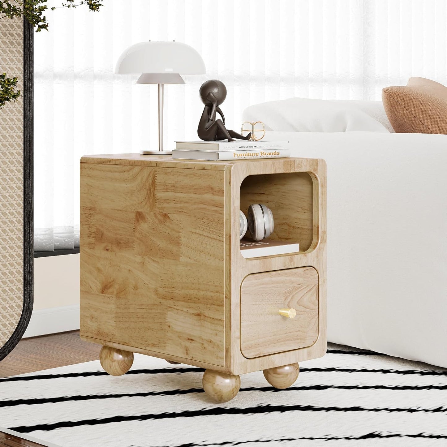 Solid Wood Night Stand, Narrow Nightstand with Drawers, Natural Mid Century Modern Nightstand, Small Beside Table with Open Storage Shelf for Bedroom (10 inch)