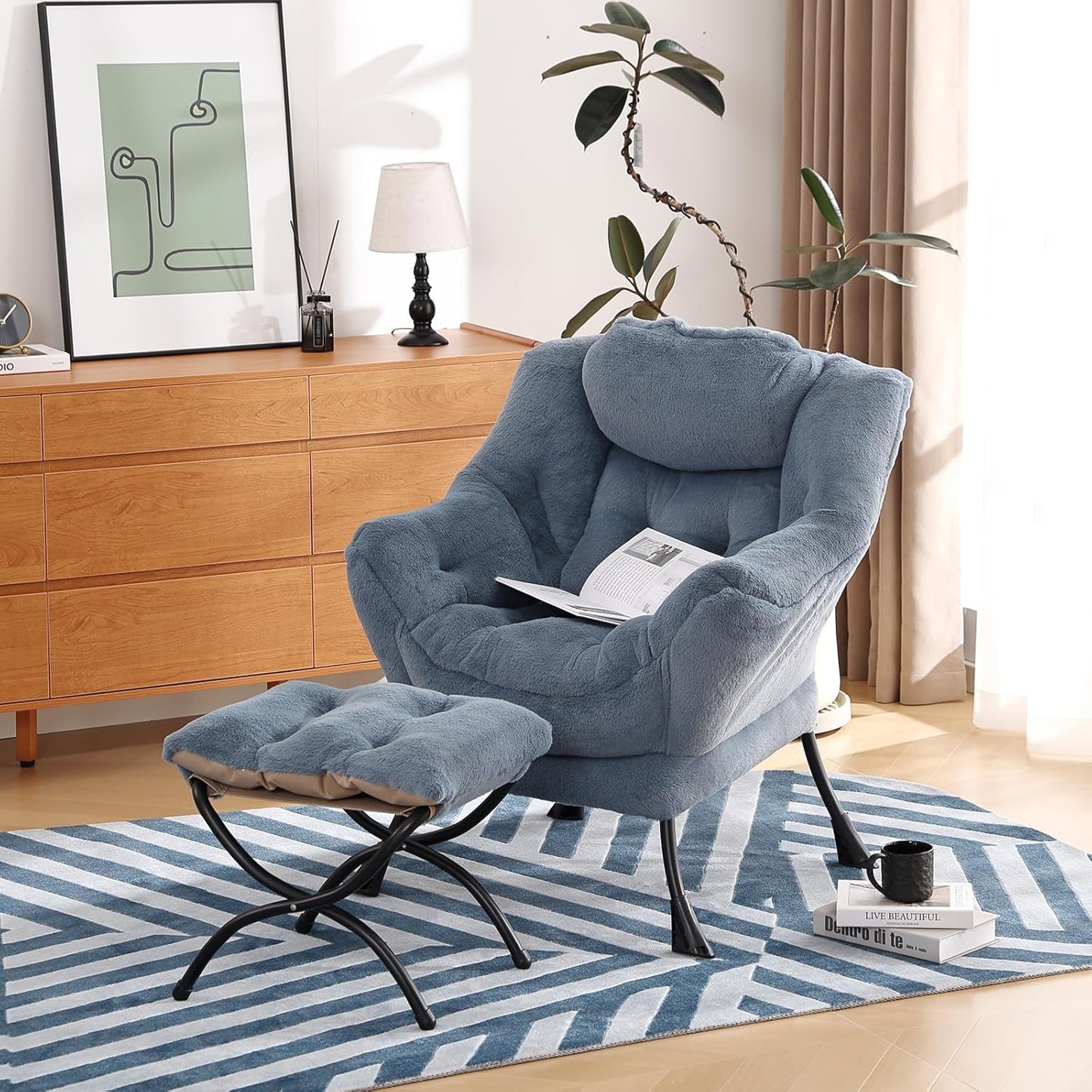 Lazy Chair with Ottoman, Modern Chair with Folding Footrest, Lounge Accent Chair, Comfortable Reading Chair (Plush Light Blue)