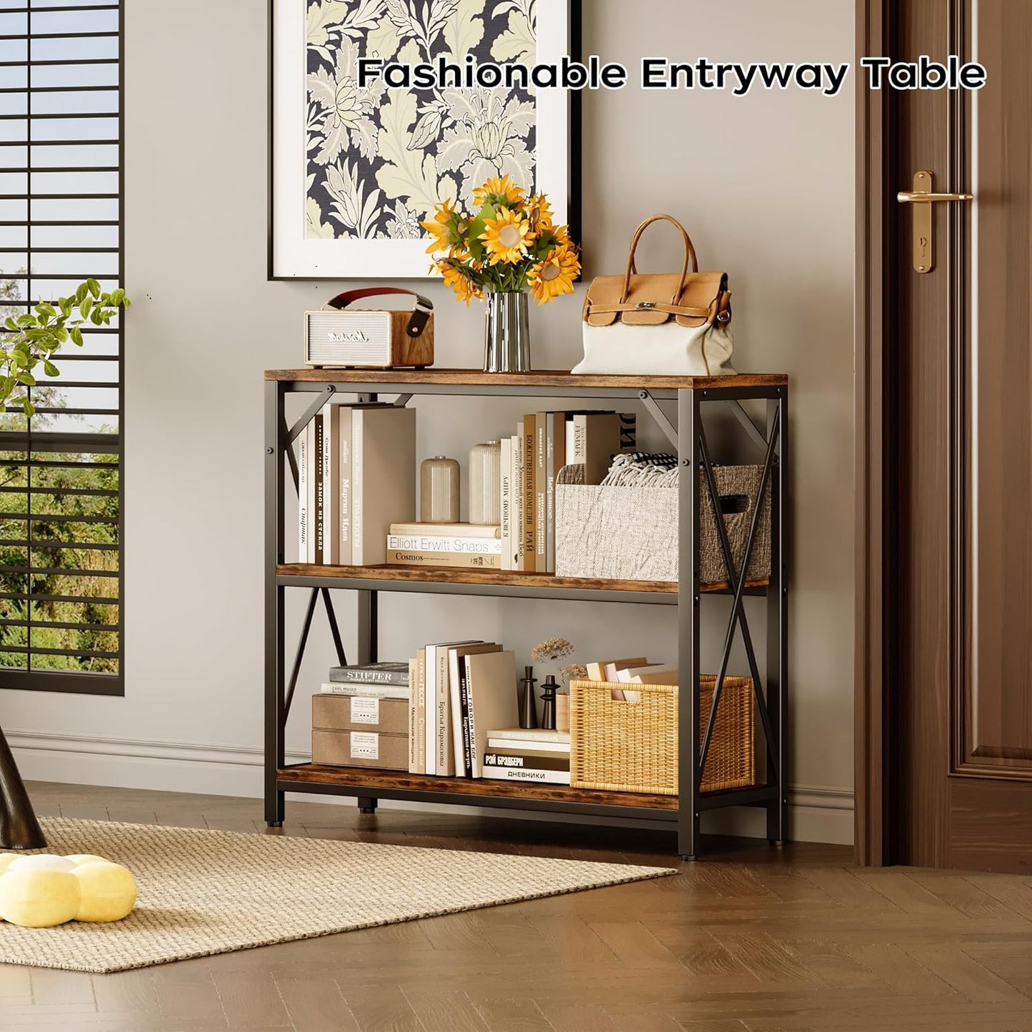 Homeiju Console Table 31.5" Width, 3-Tier Entryway Table with Storage, Industrial Sofa Table with Open Shelves, Foyer Tables for Entryway, Hallway, Kitchen, Living Room and Bedroom, Rustic Brown