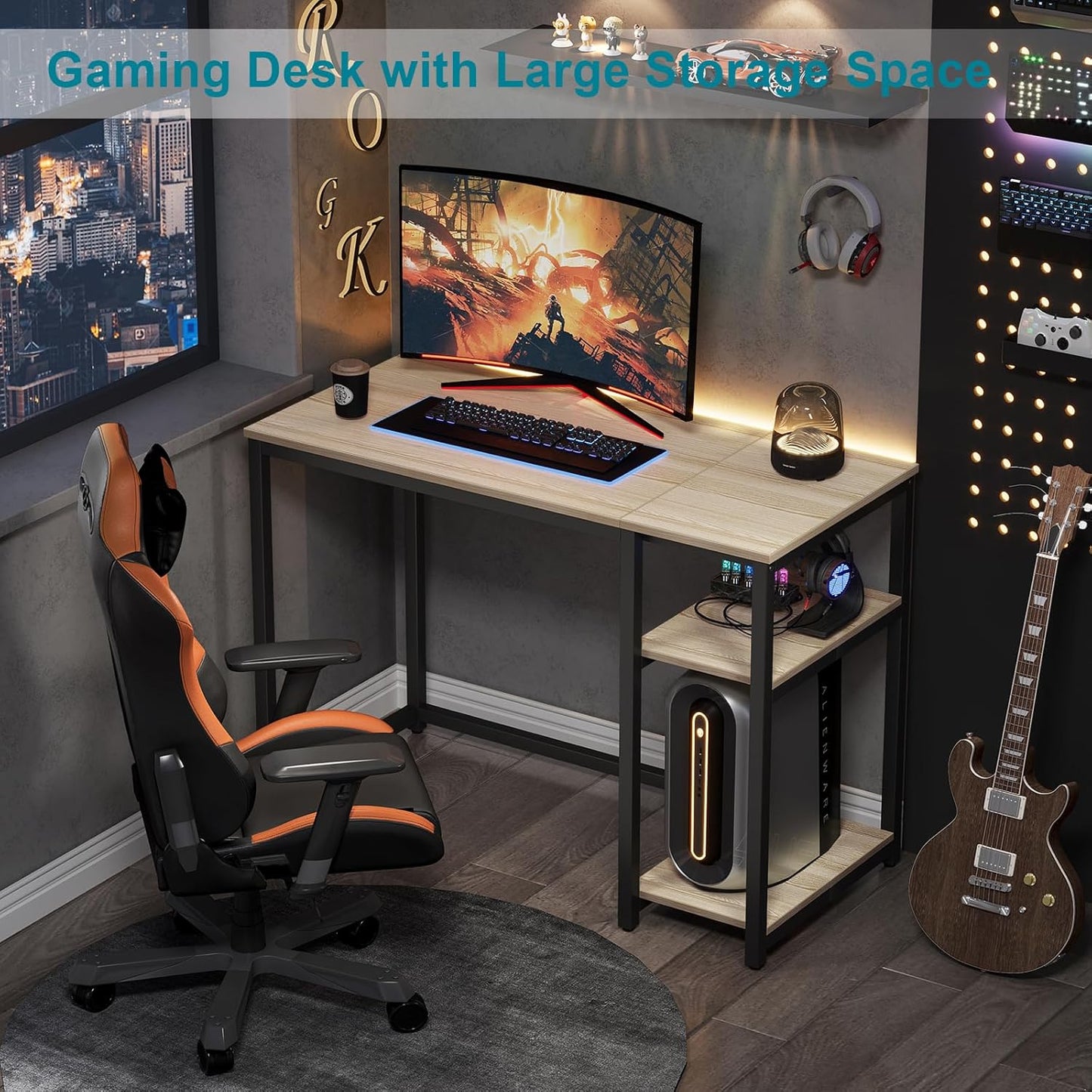 SINPAID 40'' Oak Computer Desk with Shelves, Sturdy Light Wood Desks with Storage Space, Modern Gaming Desk Study Writing Laptop Table, Beige