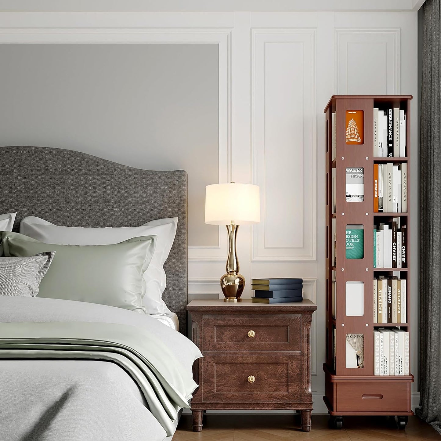 Solid Wood Rotating Bookshelf Tower, 5-Tier Square Spinning Bookcase with Drawer, 70" Floor Standing Revolving Bookshelf on Wheels, Corner Bookcase for Small Space, Walnut