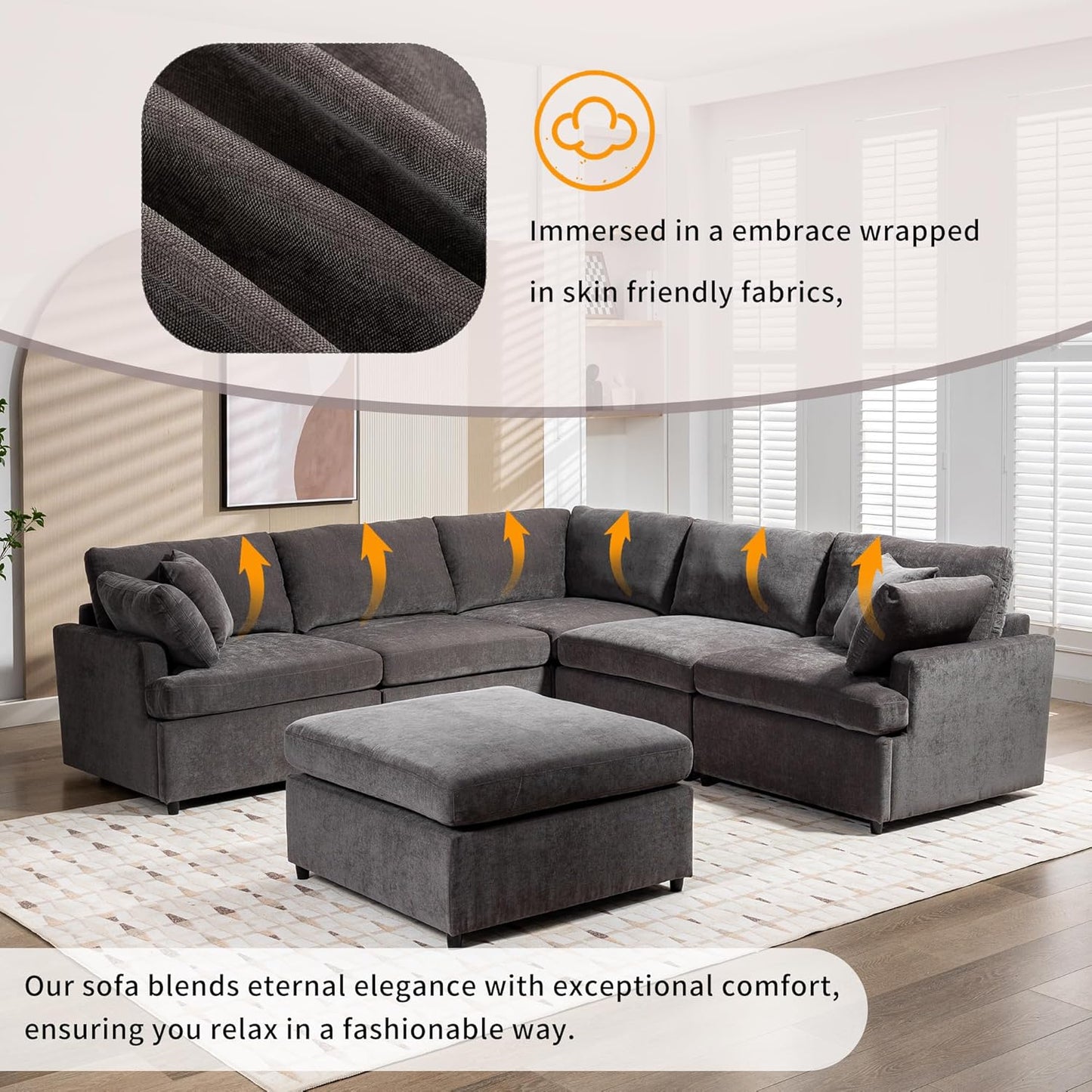 100 Inch U-Shaped Modular Convertible Sectional Sofa with Removable Ottoman and Pillows, Oversized 6 Seater Upholstered Corner Couch for Living Room, Office, Spacious Space, Gray