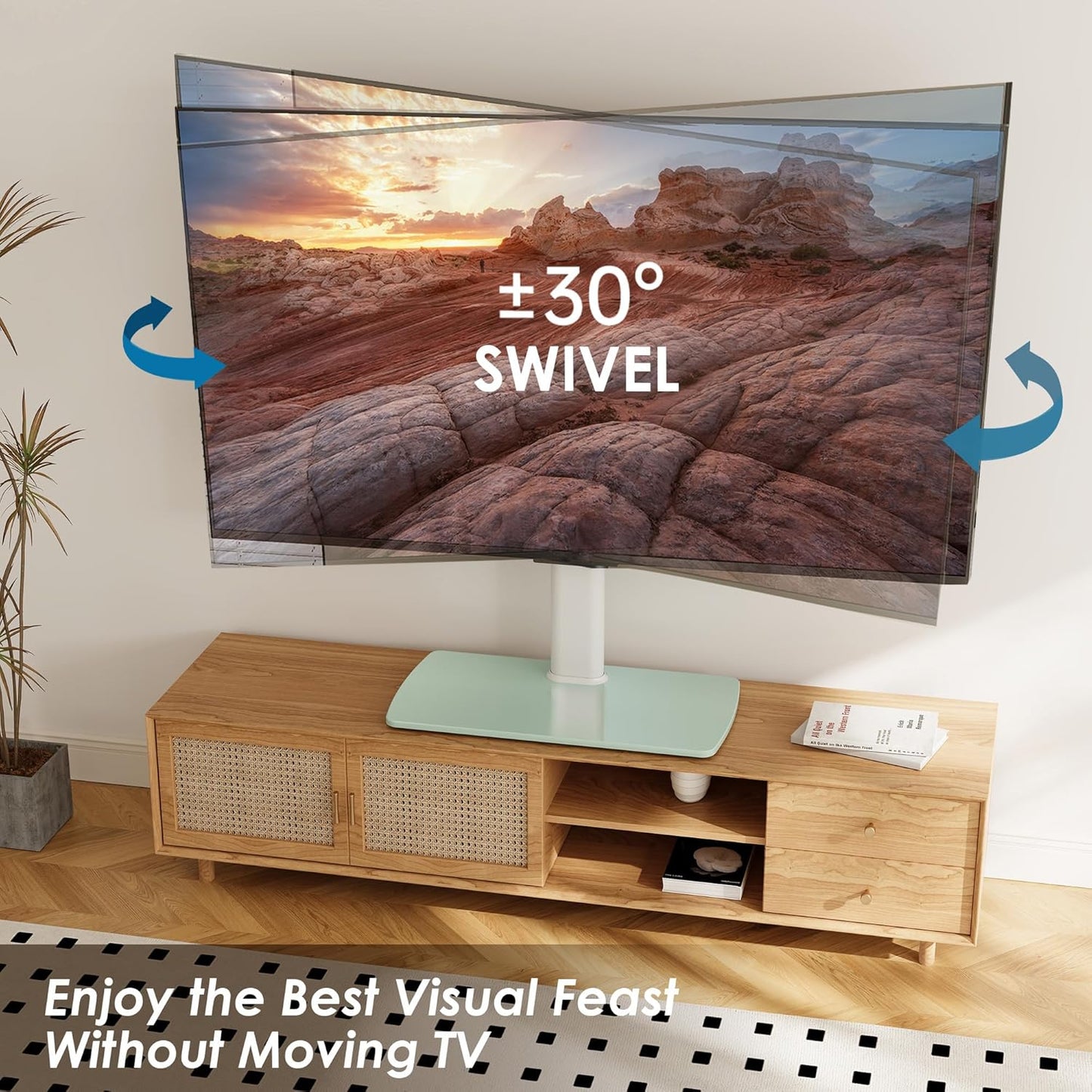 FITUEYES Universal TV Stand, Swivel TV Table Stand for 43 50-65 70 75 80 85Inch Flat Screen, Table Top TV Stand Base Replacement, Height Adjustable TV Mount Stand, Glass Base, Max Holds 110lbs