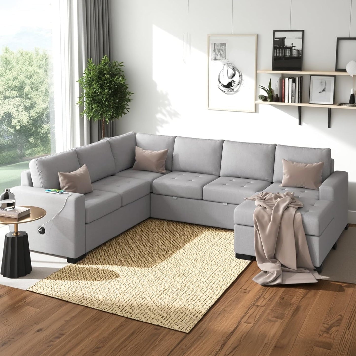 108.3 Inch Modular Sectional Sleeper Sofa with Pull-Out Bed and Lounge Chair, U-Shaped Combination Corner Couch w/USB & Type-C Interfaces, for Living Room Bedroom Office, Gray