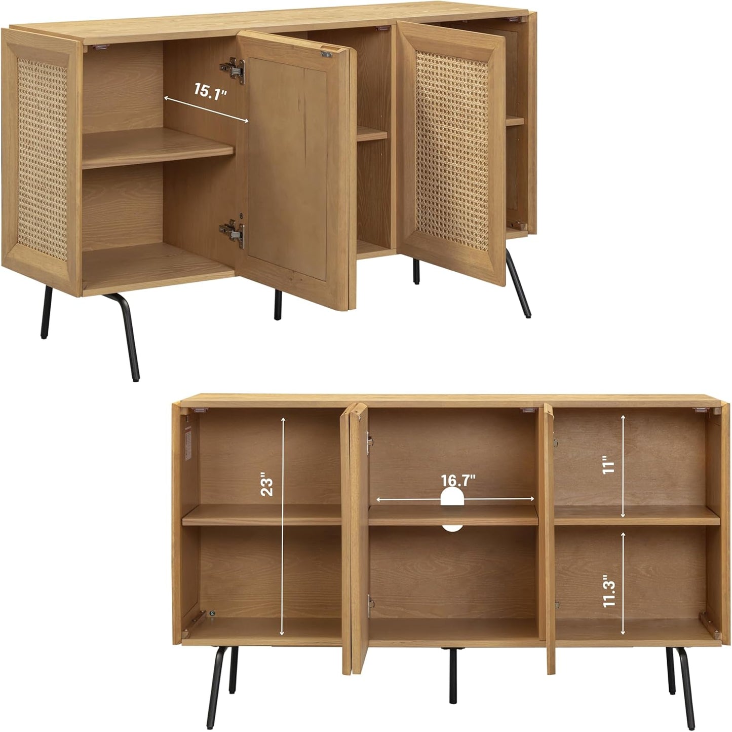 NTC MOSSIC Modern Sideboard with 3 Doors, Natural Rattan Storage Cabinet, Buffet with Metal Legs, Boho Accent Cabinet for Living Room, and Entryway, Effortless Assembly, Sand