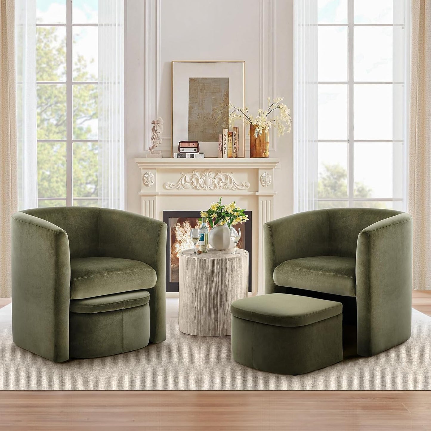 COLAMY Upholstered Velvet Barrel Accent Chair with Storage Ottoman, Morden Living Room Chair with Lounge Seat for Bedroom/Reading Spaces, Green