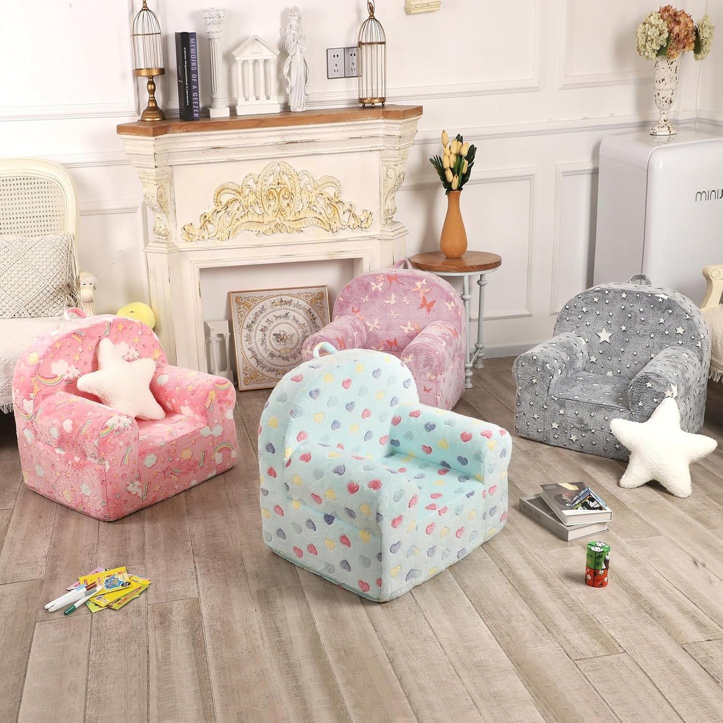 Colorful Heart Kids Sofa with Star Throw Pillow, High Back Toddler Chair Glow in The Dark for Boys and Girls, Lake Blue