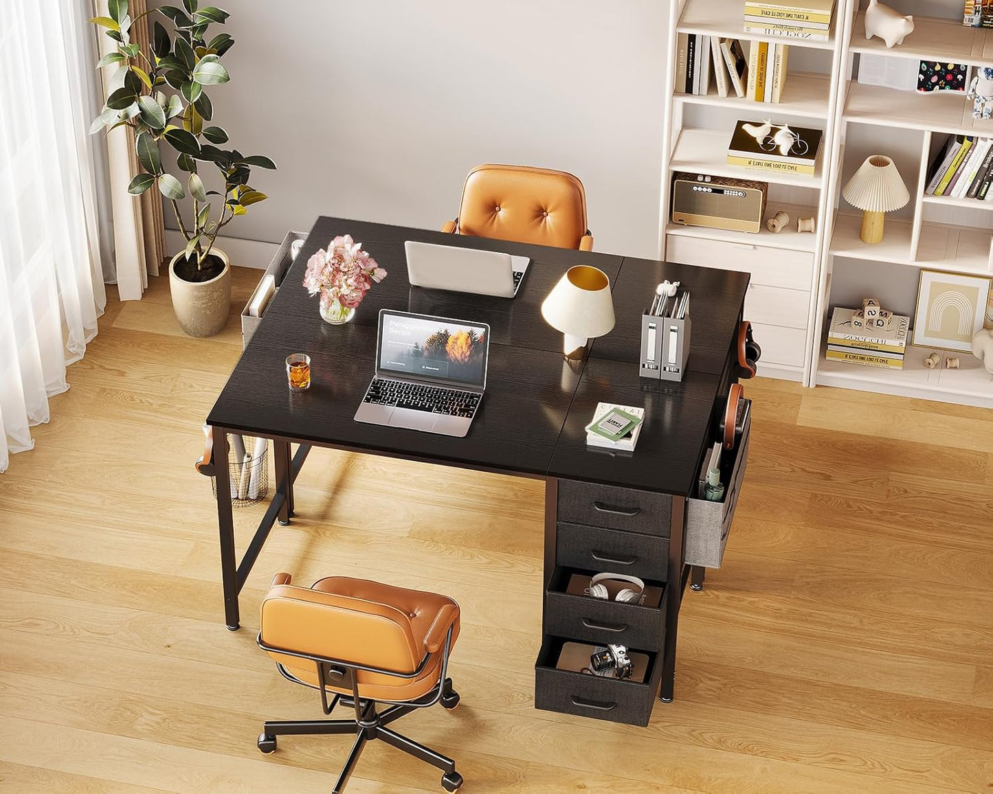 Casaottima 40-Inch Small Computer Desk with 4 Fabric Drawers — Home Office Desks with Storage, Writing Desk with Side Hook and Cloth Bag, Modern Study/Work Table for Bedroom and Small Space, Black