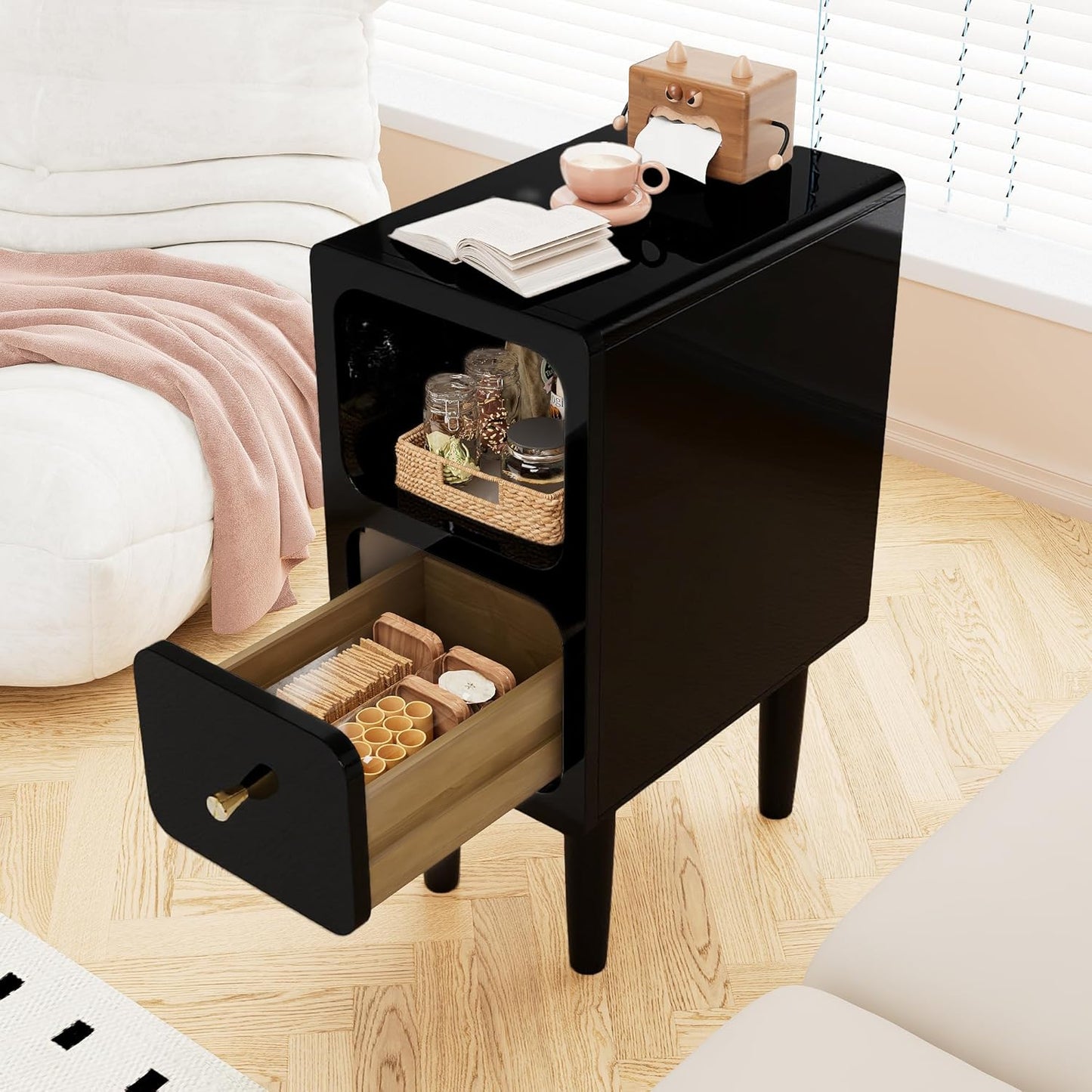 Narrow Nightstand, Solid Wood Night Stand with Drawers, Black Mid Century Modern Nightstand, Small Beside Table with Open Storage Shelf for Bedroom (10 inch)