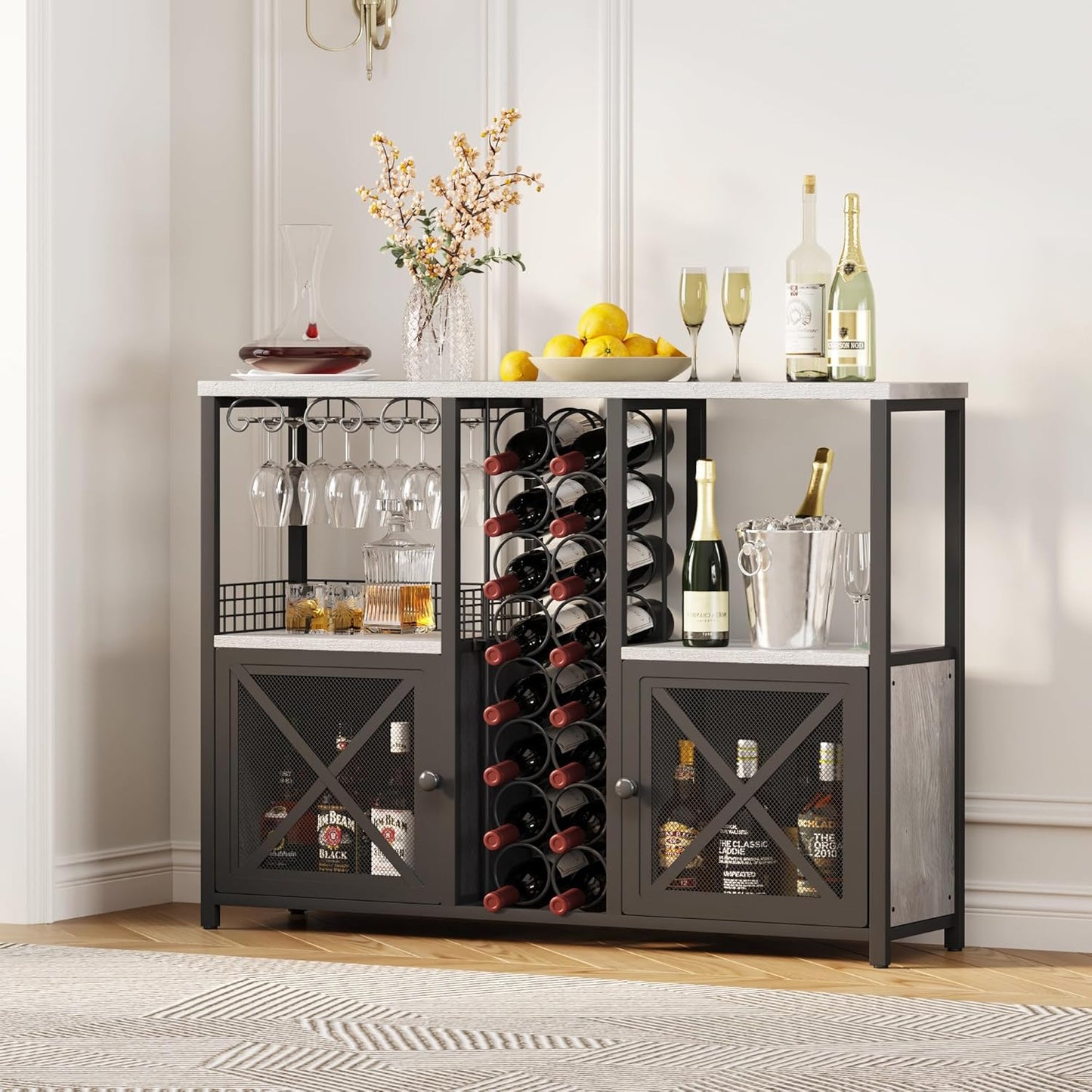 Homeiju Mini Bars for Home, Wooden Coffee Bar Cabinet, Modern Liquor Cabinet for Liquor and Glasses, Farmhouse Buffet Wine Bar Cabinet with Storage Sideboard for Home Kitchen Dining Room (Light Grey)