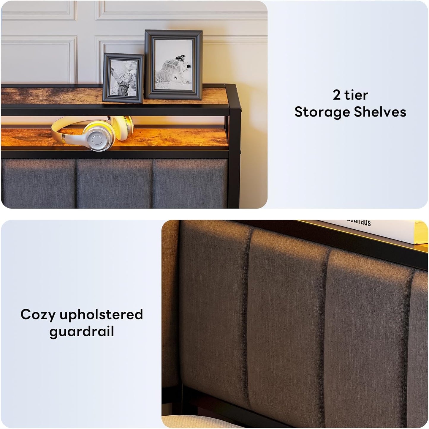 LIKIMIO Corner Full Bed Frame with Trundle, Upholstered Storage Headboard & LED Lights, Full Size Daybed with Charging Station, Sturdy Platform Metal Frame for Living Room, Bedroom, Guest Room, Gray